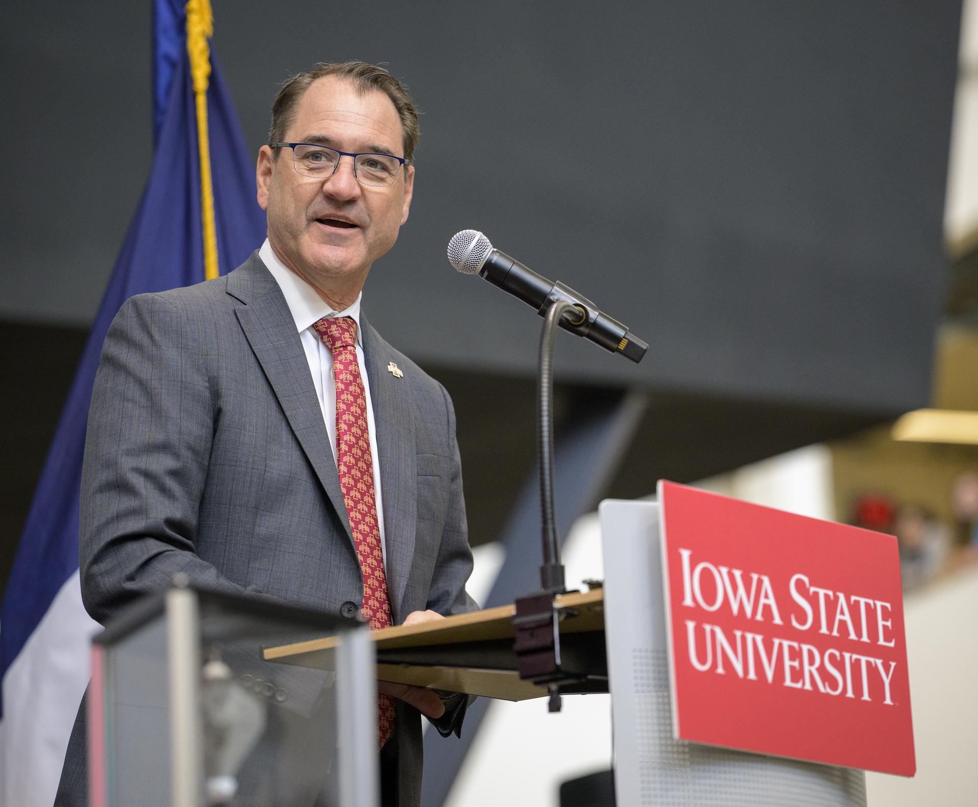 David Cook, President, Iowa State University gives opening remarks during a townhall with students, Tuesday, Sept. 8, 2026, at Iowa State University in Ames, Iowa. Photo Credit: (NASA/Bill Ingalls)