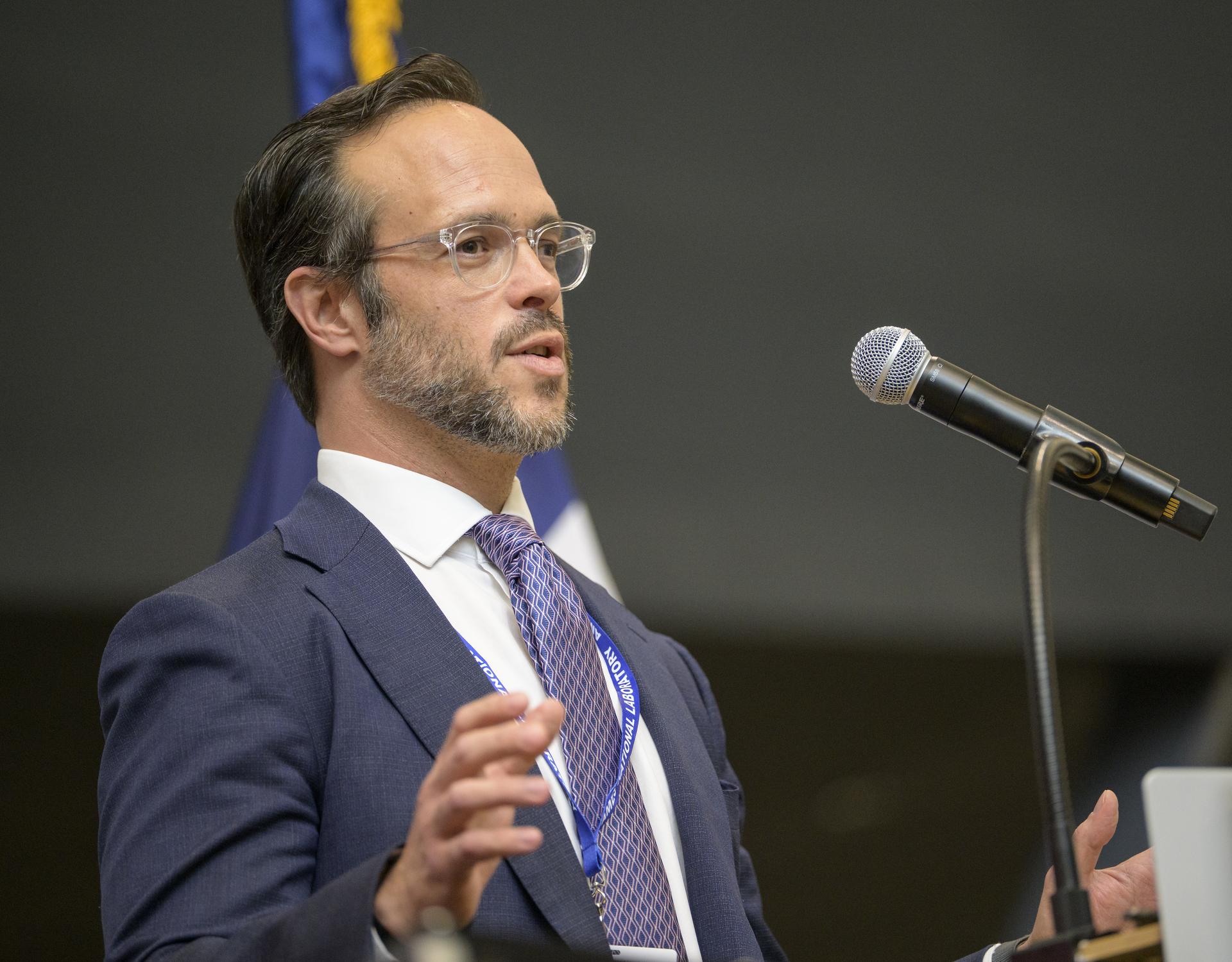 Under Secretary of Science and Technology, Department of Homeland Security Pedro Allende gives remarks during a townhall with students, Tuesday, Sept. 8, 2026, at Iowa State University in Ames, Iowa. Photo Credit: (NASA/Bill Ingalls)