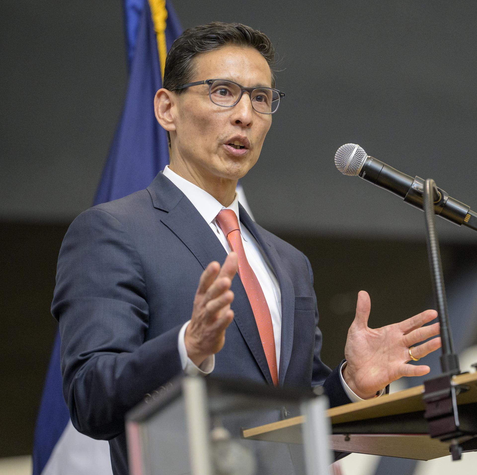 Chairman of the Nuclear Regulatory Commission Ho Nieh gives remarks during a townhall with students, Tuesday, Sept. 8, 2026, at Iowa State University in Ames, Iowa. Photo Credit: (NASA/Bill Ingalls)