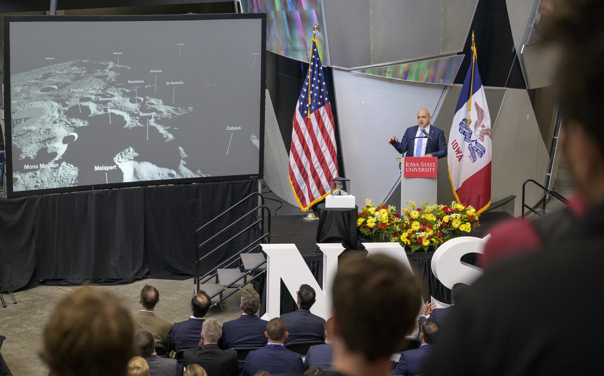 NASA Moon Base Program Executive Carlos Garcia-Galan gives remarks during a townhall with students, Tuesday, Sept. 8, 2026, at Iowa State University in Ames, Iowa. Photo Credit: (NASA/Bill Ingalls)