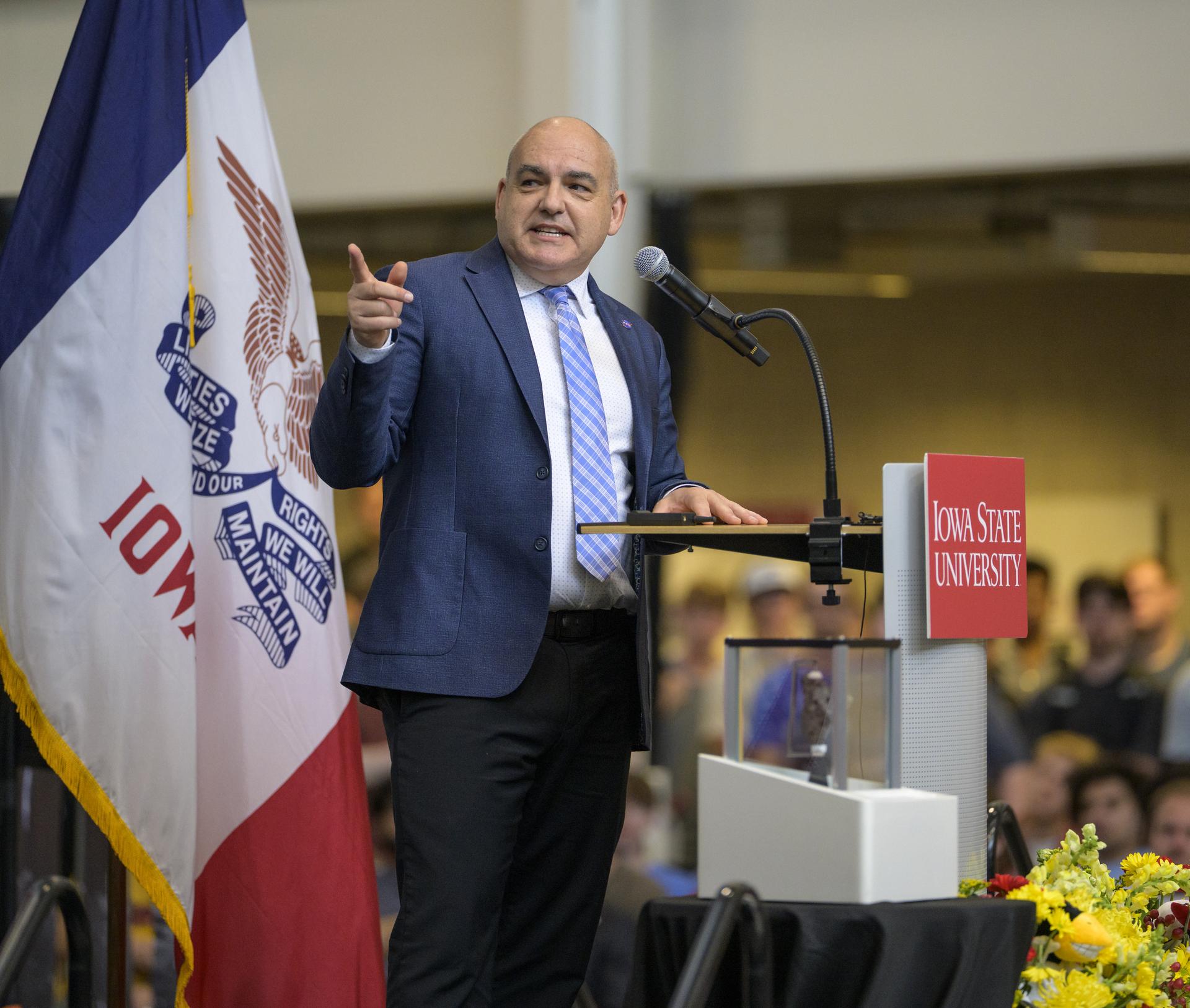 NASA Moon Base Program Executive Carlos Garcia-Galan gives remarks during a townhall with students, Tuesday, Sept. 8, 2026, at Iowa State University in Ames, Iowa. Photo Credit: (NASA/Bill Ingalls)