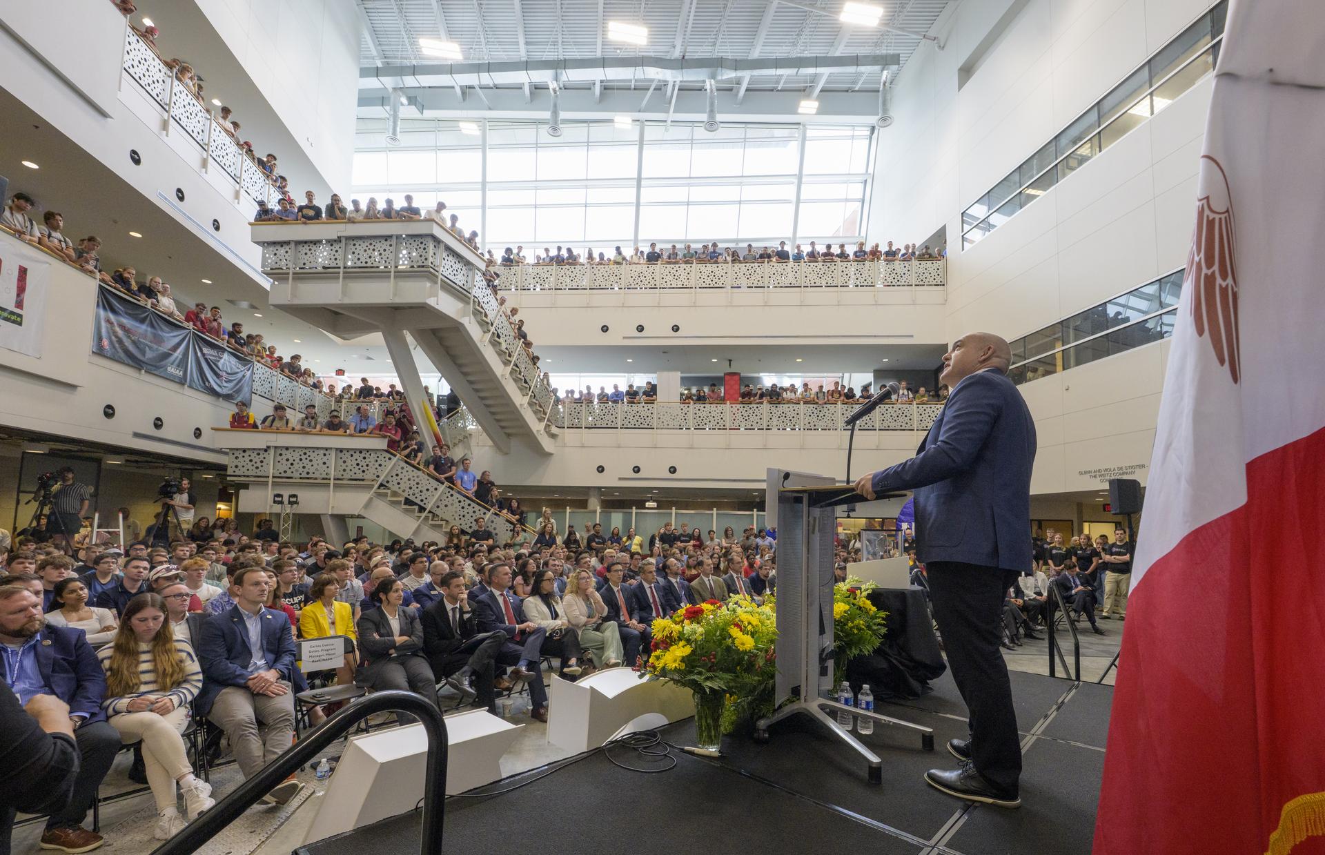 NASA Moon Base Program Executive Carlos Garcia-Galan gives remarks during a townhall with students, Tuesday, Sept. 8, 2026, at Iowa State University in Ames, Iowa. Photo Credit: (NASA/Bill Ingalls)