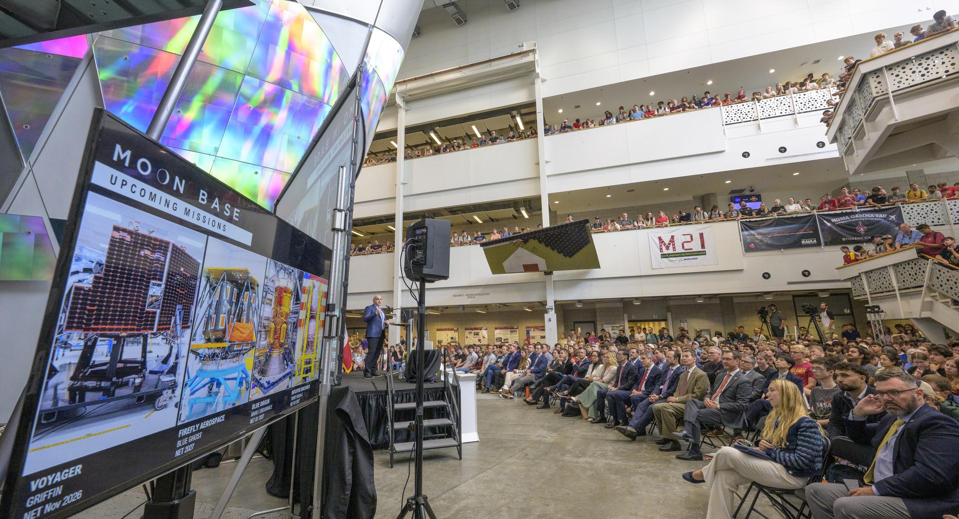 NASA Moon Base Program Executive Carlos Garcia-Galan gives remarks during a townhall with students, Tuesday, Sept. 8, 2026, at Iowa State University in Ames, Iowa. Photo Credit: (NASA/Bill Ingalls)
