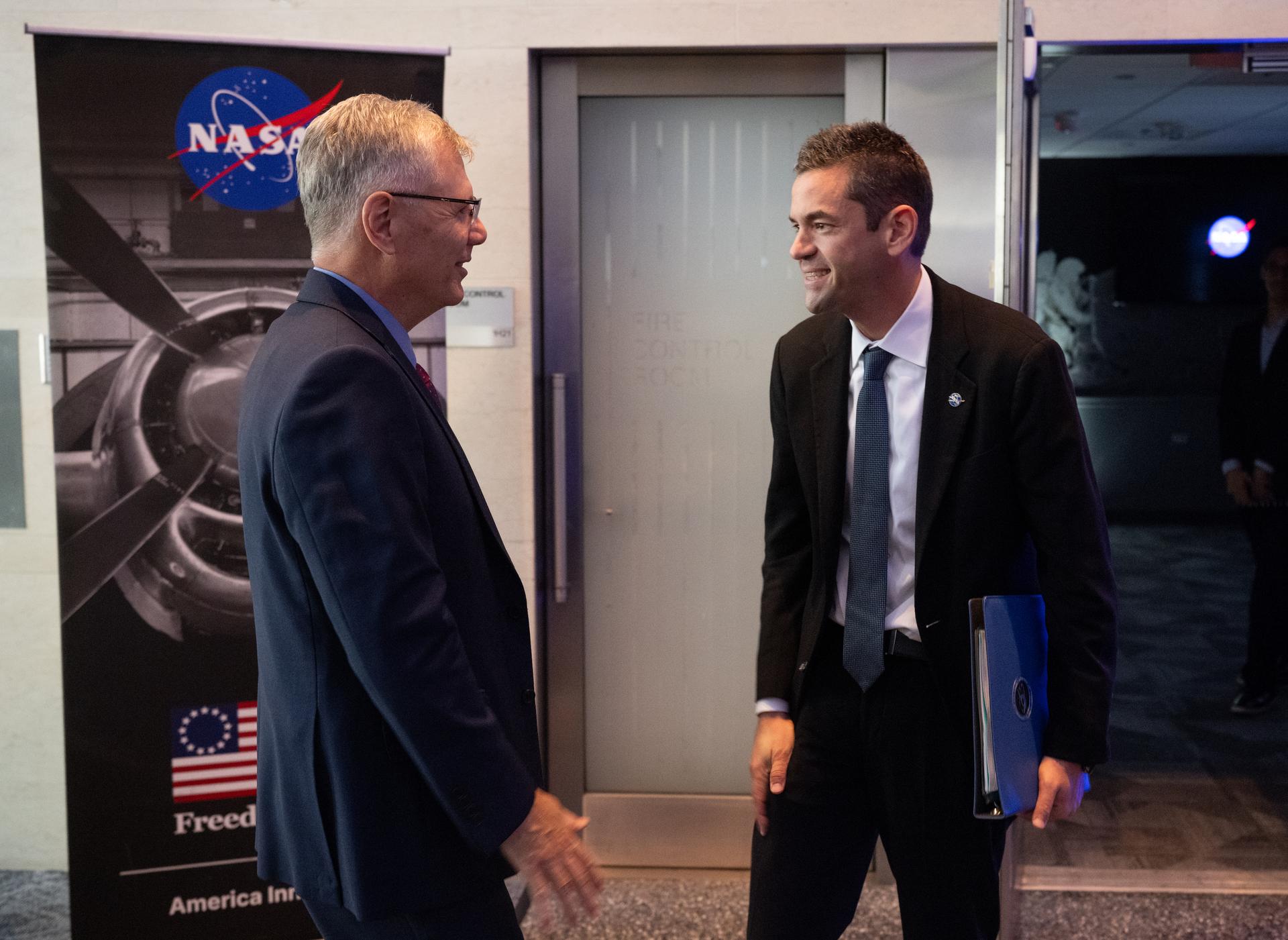 Troy Meink, Secretary of the United States Air Force, left, is greeted by NASA Administrator Jared Isaacman as he arrives for a meeting of the Presidential Commission on the United States Space Academy at the Mary W. Jackson NASA Headquarters Building, Wednesday, Sept. 9, 2026, in Washington.  The commission will meet and submit a report proposing recommendations for the establishment of the Space Academy.  Photo Credit (NASA/Joel Kowsky)