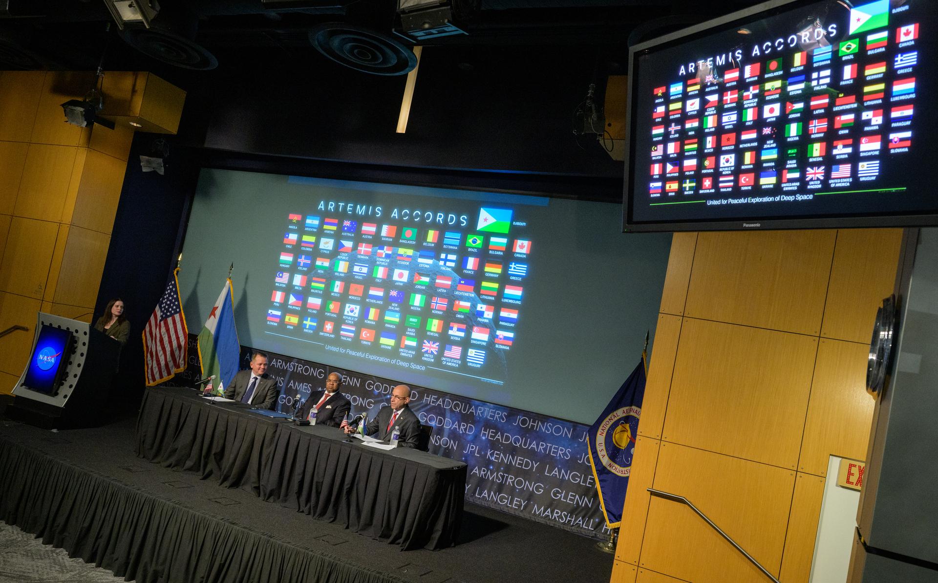 NASA Deputy Administrator Matt Anderson, left, Ambassador of Djibouti to the United States, Mohamed Siad Douale, and Assistant Secretary of State for African Affairs, Frank Garcia, right, are seen during an Artemis Accord signing ceremony with Djibouti, Monday, September 14, 2026, at the Mary W. Jackson NASA Headquarters building in Washington. Djibouti is the 72nd country to sign the Artemis Accords, which establish a practical set of principles to guide space exploration cooperation among nations participating in NASA’s Artemis program. Photo Credit: (NASA/Bill Ingalls)