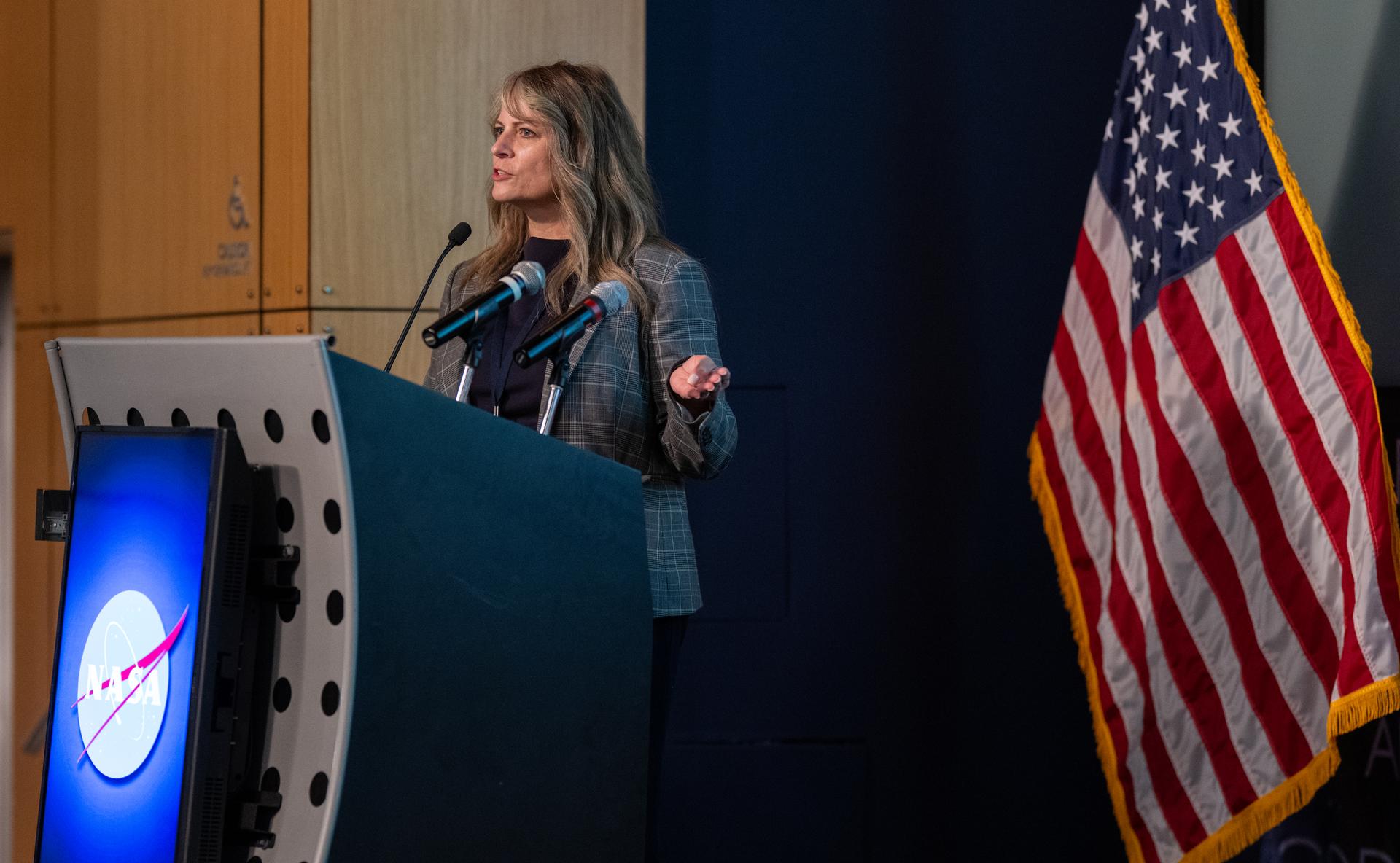 Dr. Lisa Carnell, director of NASA’s Biological and Physical Sciences Division, is seen during a Frontiers Forum talk titled “Revolutionizing Medicine – In Space,” Wednesday, Sept. 16, 2026, at the Mary W. Jackson NASA Headquarters building in Washington. Photo Credit: (NASA/Joel Kowsky)