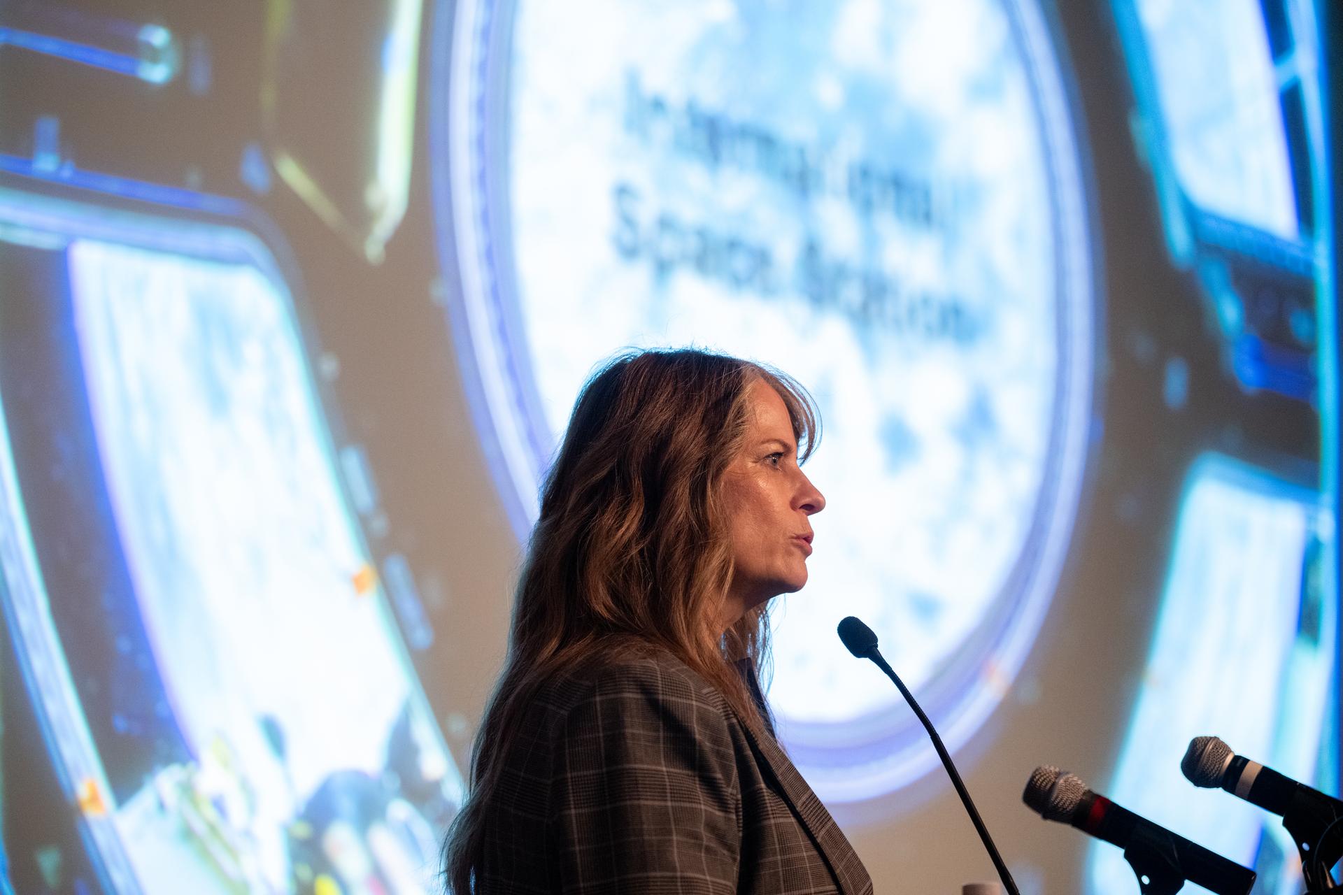 Dr. Lisa Carnell, director of NASA’s Biological and Physical Sciences Division, is seen during a Frontiers Forum talk titled “Revolutionizing Medicine – In Space,” Wednesday, Sept. 16, 2026, at the Mary W. Jackson NASA Headquarters building in Washington. Photo Credit: (NASA/Joel Kowsky)