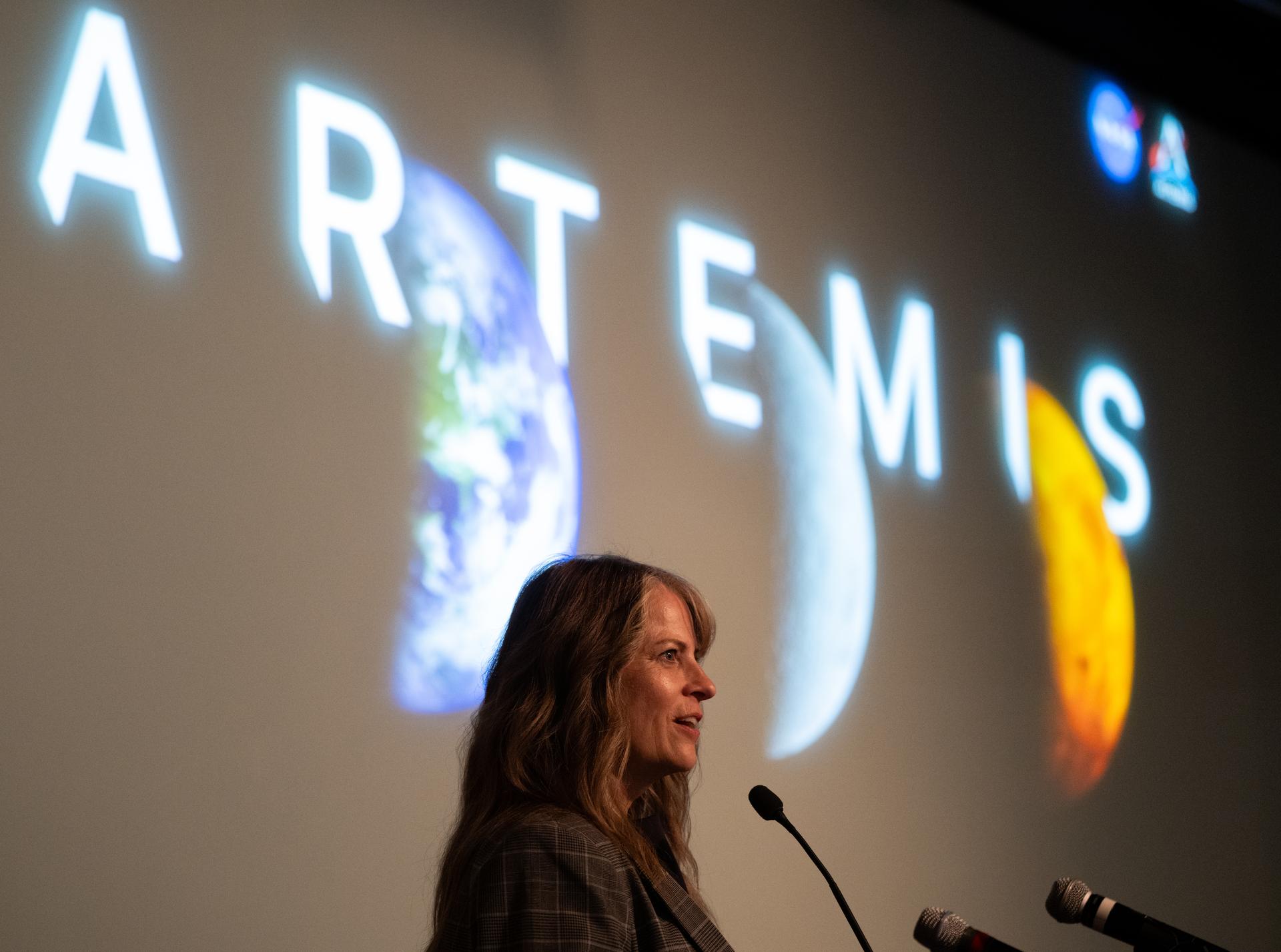 Dr. Lisa Carnell, director of NASA’s Biological and Physical Sciences Division, is seen during a Frontiers Forum talk titled “Revolutionizing Medicine – In Space,” Wednesday, Sept. 16, 2026, at the Mary W. Jackson NASA Headquarters building in Washington. Photo Credit: (NASA/Joel Kowsky)