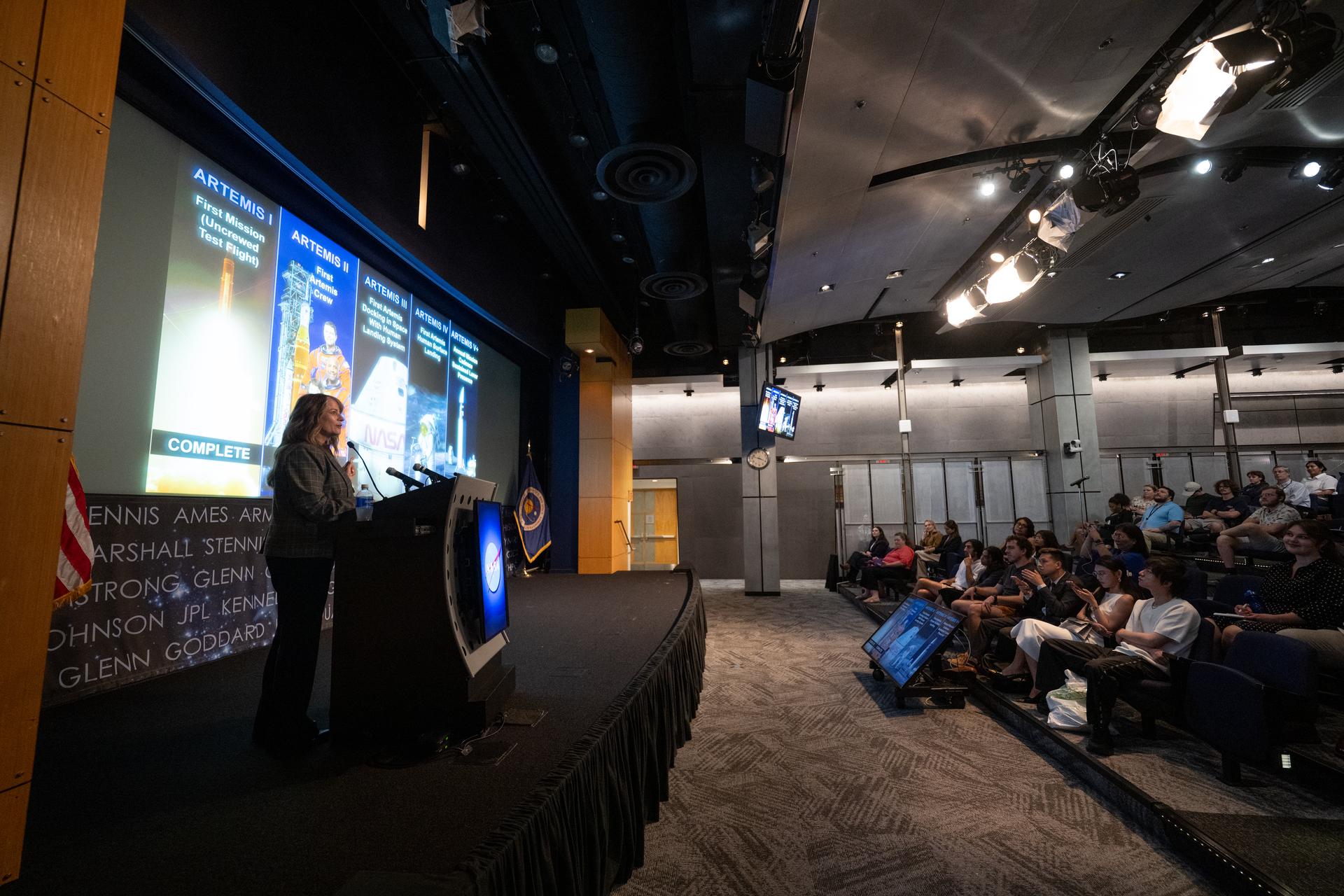 Dr. Lisa Carnell, director of NASA’s Biological and Physical Sciences Division, is seen during a Frontiers Forum talk titled “Revolutionizing Medicine – In Space,” Wednesday, Sept. 16, 2026, at the Mary W. Jackson NASA Headquarters building in Washington. Photo Credit: (NASA/Joel Kowsky)