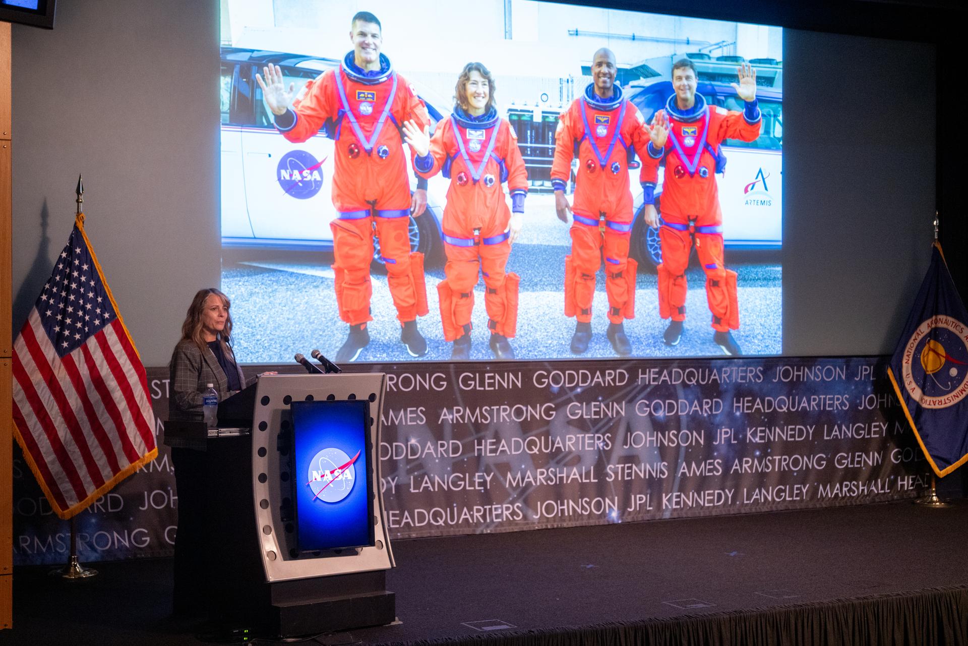 Dr. Lisa Carnell, director of NASA’s Biological and Physical Sciences Division, is seen during a Frontiers Forum talk titled “Revolutionizing Medicine – In Space,” Wednesday, Sept. 16, 2026, at the Mary W. Jackson NASA Headquarters building in Washington. Photo Credit: (NASA/Joel Kowsky)