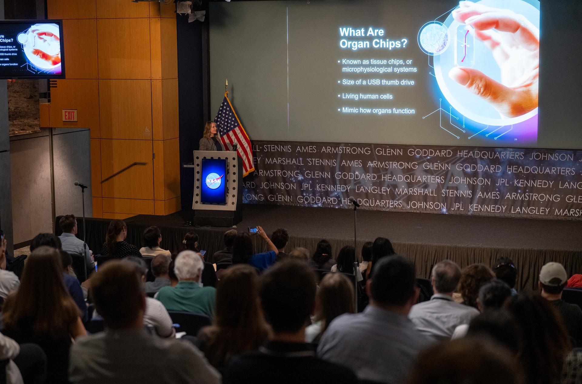 Dr. Lisa Carnell, director of NASA’s Biological and Physical Sciences Division, is seen during a Frontiers Forum talk titled “Revolutionizing Medicine – In Space,” Wednesday, Sept. 16, 2026, at the Mary W. Jackson NASA Headquarters building in Washington. Photo Credit: (NASA/Joel Kowsky)