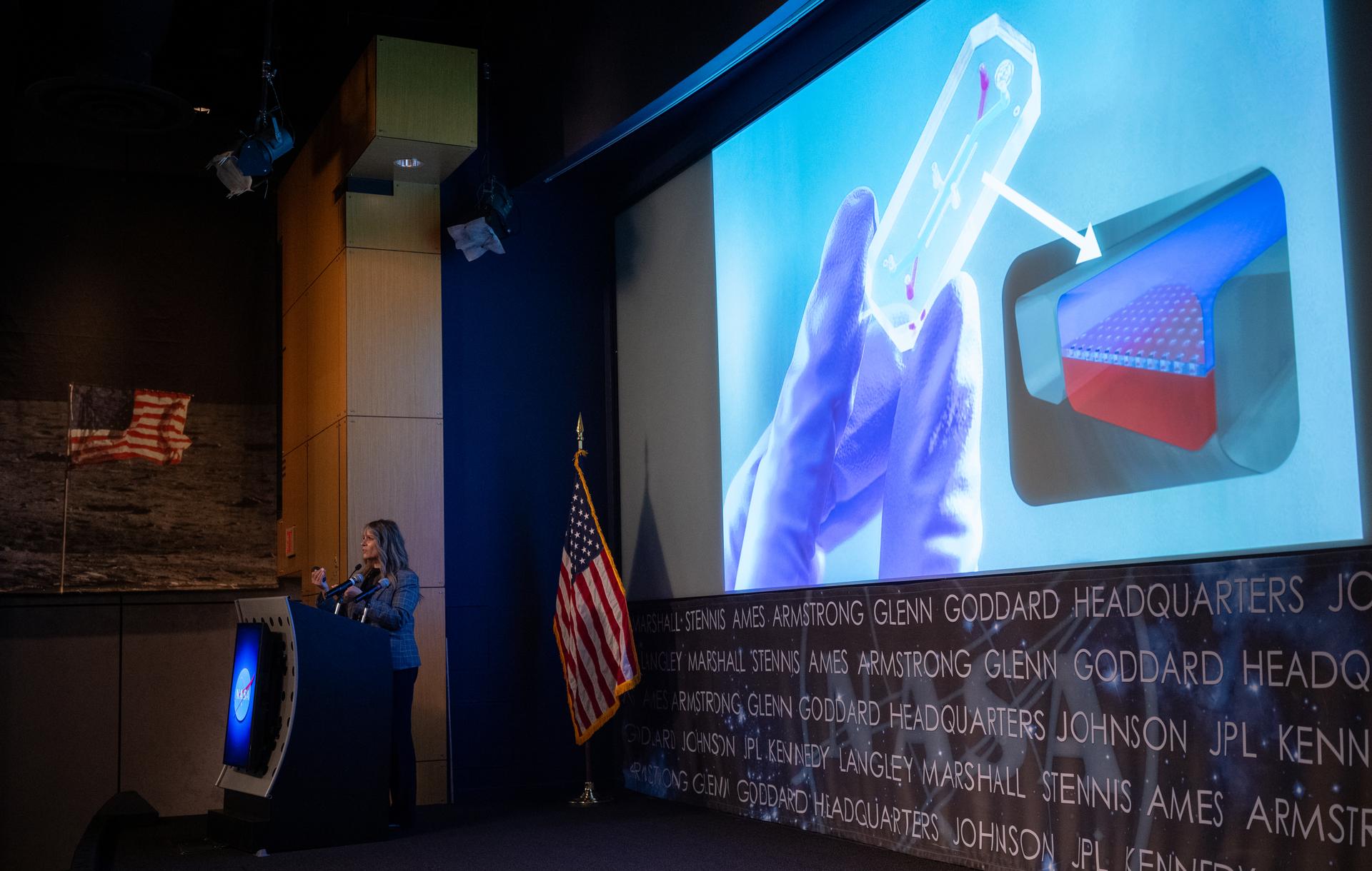 Dr. Lisa Carnell, director of NASA’s Biological and Physical Sciences Division, is seen during a Frontiers Forum talk titled “Revolutionizing Medicine – In Space,” Wednesday, Sept. 16, 2026, at the Mary W. Jackson NASA Headquarters building in Washington. Photo Credit: (NASA/Joel Kowsky)