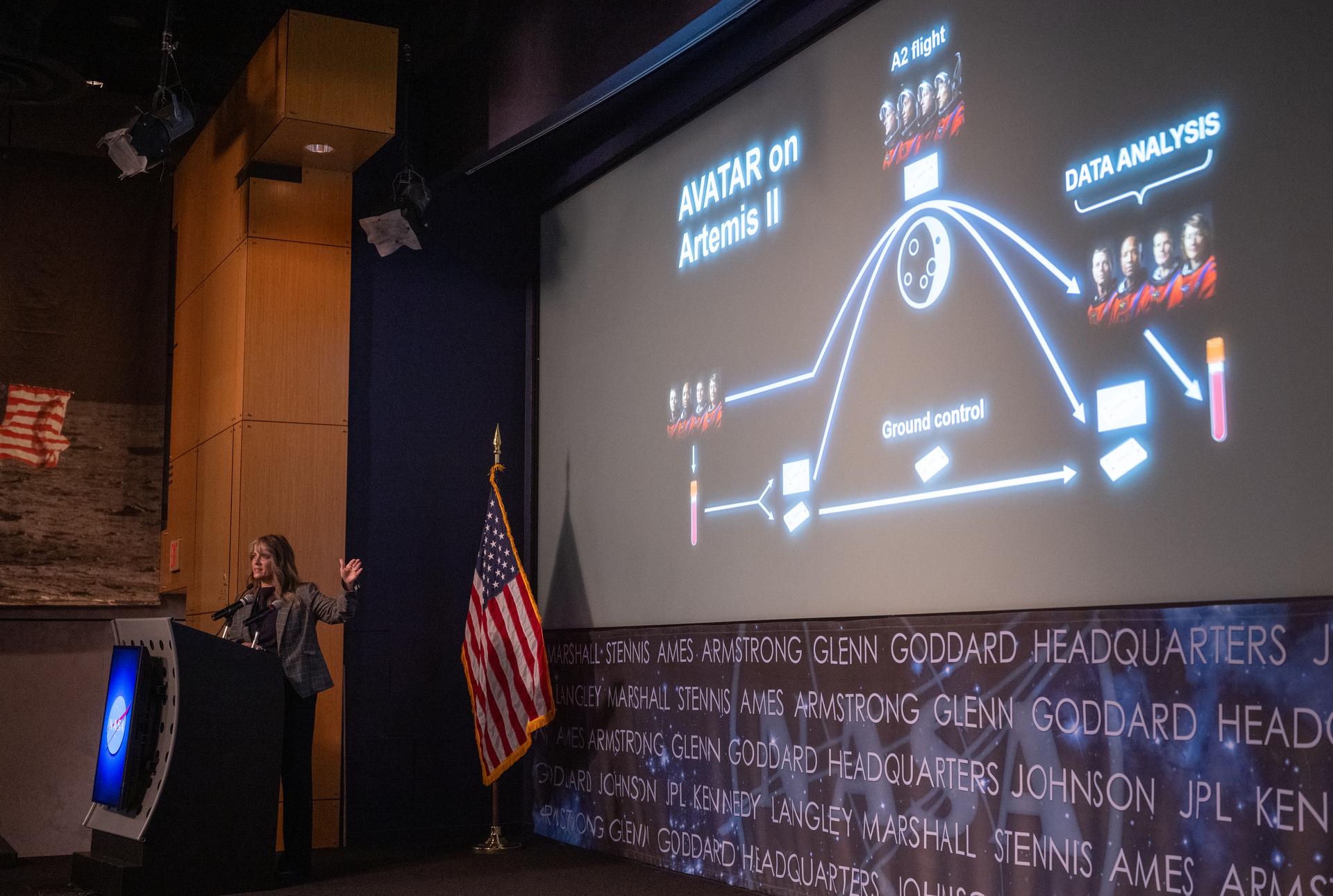 Dr. Lisa Carnell, director of NASA’s Biological and Physical Sciences Division, is seen during a Frontiers Forum talk titled “Revolutionizing Medicine – In Space,” Wednesday, Sept. 16, 2026, at the Mary W. Jackson NASA Headquarters building in Washington. Photo Credit: (NASA/Joel Kowsky)