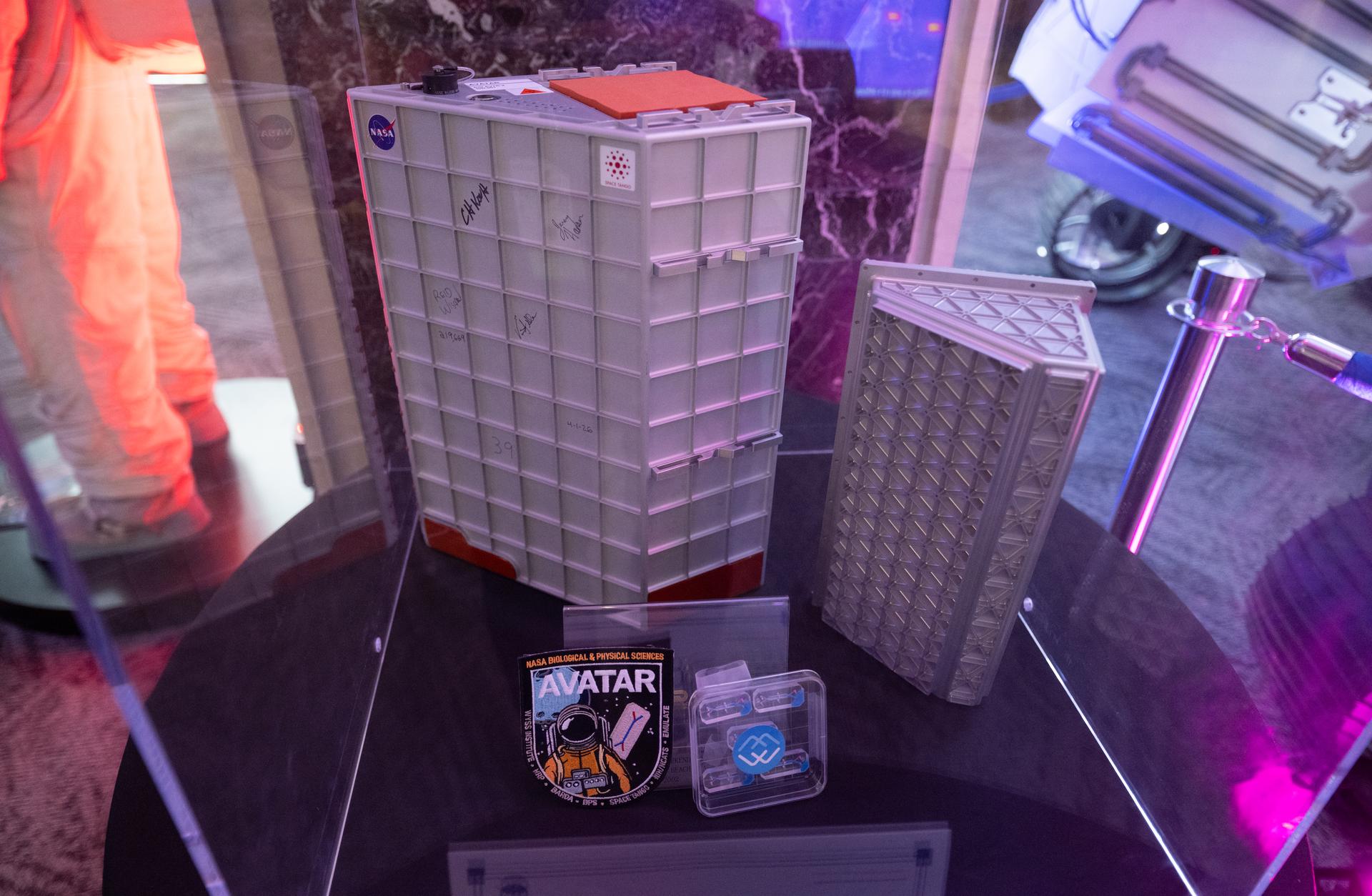 The AVATAR (A Virtual Astronaut Tissue Analog Response) payload the flew on the Artemis II mission is seen in the lobby of the Mary W. Jackson NASA Headquarters building in Washington, Wednesday, Sept. 16, 2026, following a Frontiers Forum talk titled “Revolutionizing Medicine – In Space.” Photo Credit: (NASA/Joel Kowsky)