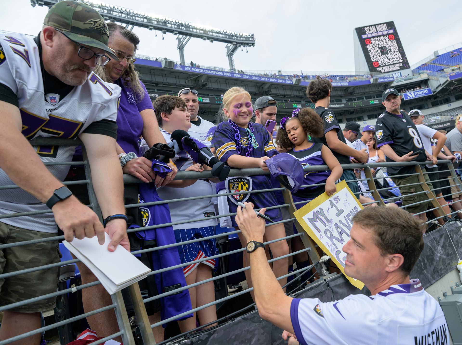 NASA astronaut and commander of the agency’s Artemis II mission, Reid Wiseman, a Baltimore native, talks with fans at an NFL game between the New Orleans Saints and the Baltimore Ravens at M&T Bank Stadium, Sunday, Sept. 20, 2026, in Baltimore. NASA’s engagement at NFL games is part of the agency's Inspiration Tour, aimed at strengthening connections between NASA and its partners and showcasing innovation in air and space in the lead up to the MAX POWER aerospace technology expo and airshow at the agency's Kennedy Space Center in early November. Photo Credit: (NASA/Bill Ingalls)