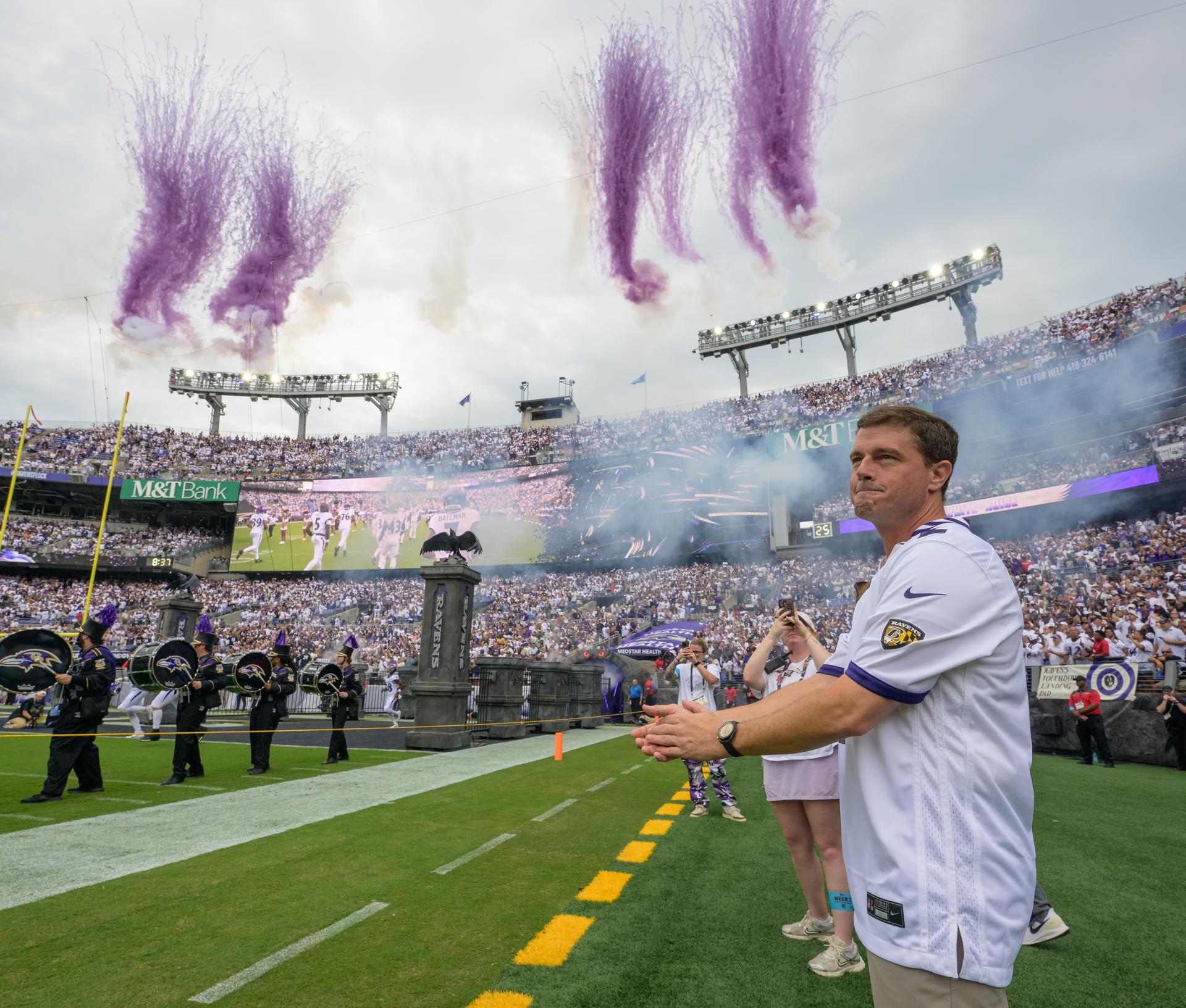 NASA astronaut and commander of the agency’s Artemis II mission, Reid Wiseman, a Baltimore native, celebrates as the Baltimore Ravens team is announced at an NFL game between the New Orleans Saints and the Ravens at M&T Bank Stadium, Sunday, Sept. 20, 2026, in Baltimore. NASA’s engagement at NFL games is part of the agency's Inspiration Tour, aimed at strengthening connections between NASA and its partners and showcasing innovation in air and space in the lead up to the MAX POWER aerospace technology expo and airshow at the agency's Kennedy Space Center in early November. Photo Credit: (NASA/Bill Ingalls)