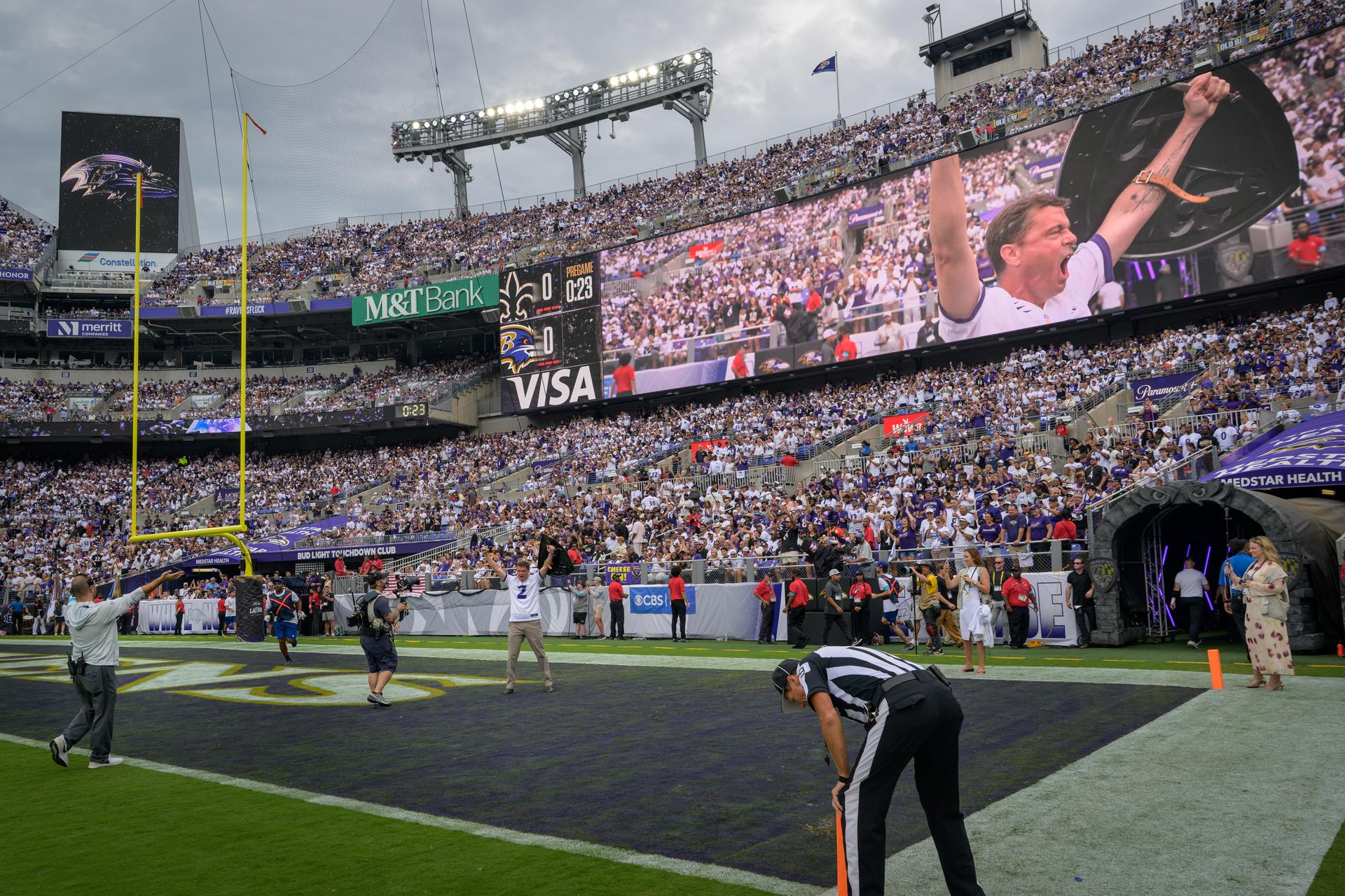 NASA astronaut and commander of the agency’s Artemis II mission, Reid Wiseman, a Baltimore native, leads “The Uprising”, a pregame show at an NFL game between the New Orleans Saints and the Baltimore Ravens at M&T Bank Stadium, Sunday, Sept. 20, 2026, in Baltimore. NASA’s engagement at NFL games is part of the agency's Inspiration Tour, aimed at strengthening connections between NASA and its partners and showcasing innovation in air and space in the lead up to the MAX POWER aerospace technology expo and airshow at the agency's Kennedy Space Center in early November. Photo Credit: (NASA/Bill Ingalls)