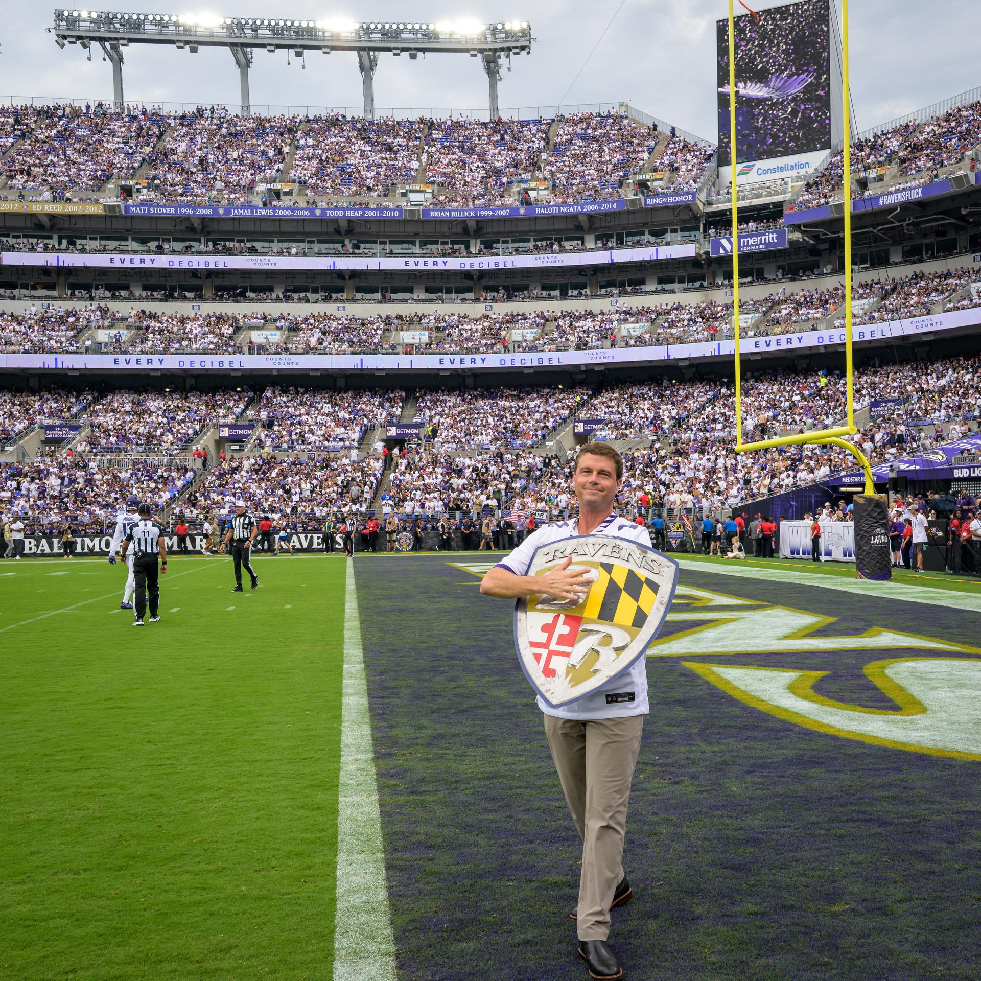 NASA astronaut and commander of the agency’s Artemis II mission, Reid Wiseman, a Baltimore native, leads “The Uprising”, a pregame show at an NFL game between the New Orleans Saints and the Baltimore Ravens at M&T Bank Stadium, Sunday, Sept. 20, 2026, in Baltimore. NASA’s engagement at NFL games is part of the agency's Inspiration Tour, aimed at strengthening connections between NASA and its partners and showcasing innovation in air and space in the lead up to the MAX POWER aerospace technology expo and airshow at the agency's Kennedy Space Center in early November. Photo Credit: (NASA/Bill Ingalls)