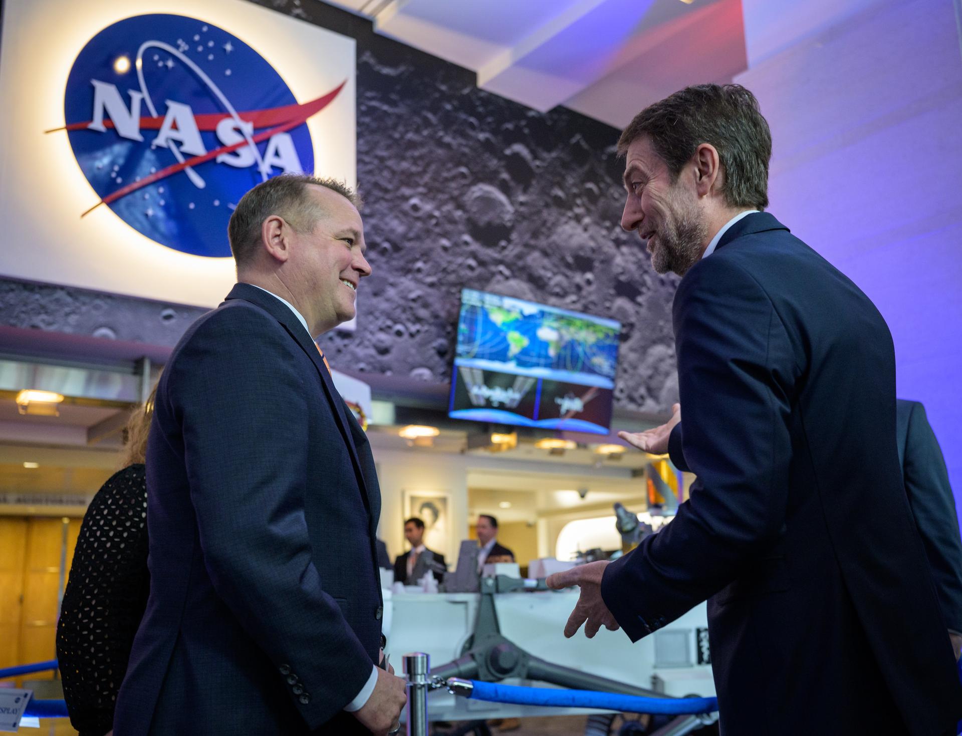 NASA Deputy Administrator Matt Anderson, left, talks with Albania’s Minister for Europe and Foreign Affairs Ferit Hoxha, prior to an Artemis Accords signing ceremony Monday, September 21, 2026, at the Mary W. Jackson NASA Headquarters building in Washington. The Republic of Albania is the 73rd country to sign the Artemis Accords, which establish a practical set of principles to guide space exploration cooperation among nations participating in NASA’s Artemis program. Photo Credit: (NASA/Bill Ingalls)