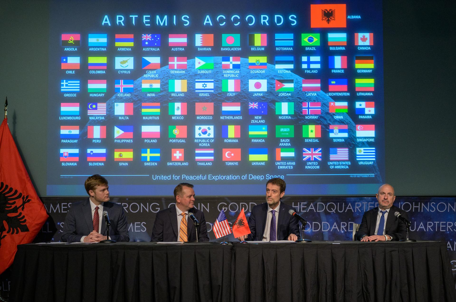 U.S. Deputy Assistant Secretary of State for Space and Environment Connor Tomlinson, left, NASA Deputy Administrator Matt Anderson, Albania’s Minister for Europe and Foreign Affairs Ferit Hoxha, and Ambassador of the Republic of Albania to the United States Ervin Bushati, right, are seen during an Artemis Accords signing ceremony Monday, September 21, 2026, at the Mary W. Jackson NASA Headquarters building in Washington. The Republic of Albania is the 73rd country to sign the Artemis Accords, which establish a practical set of principles to guide space exploration cooperation among nations participating in NASA’s Artemis program. Photo Credit: (NASA/Bill Ingalls)