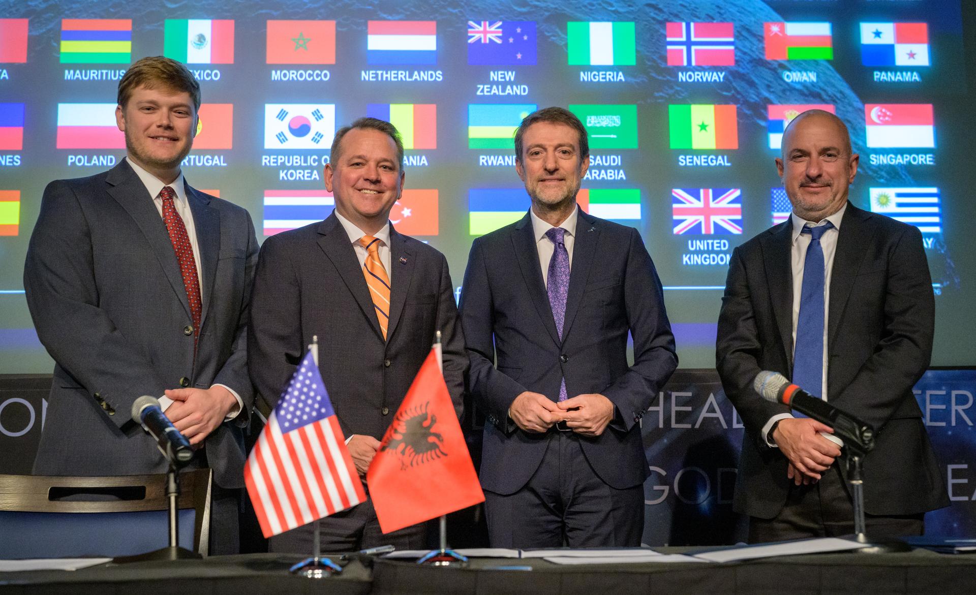 U.S. Deputy Assistant Secretary of State for Space and Environment Connor Tomlinson, left, NASA Deputy Administrator Matt Anderson, Albania’s Minister for Europe and Foreign Affairs Ferit Hoxha, and Ambassador of the Republic of Albania to the United States Ervin Bushati, right, are seen at the conclusion of an Artemis Accords signing ceremony Monday, September 21, 2026, at the Mary W. Jackson NASA Headquarters building in Washington. The Republic of Albania is the 73rd country to sign the Artemis Accords, which establish a practical set of principles to guide space exploration cooperation among nations participating in NASA’s Artemis program. Photo Credit: (NASA/Bill Ingalls)