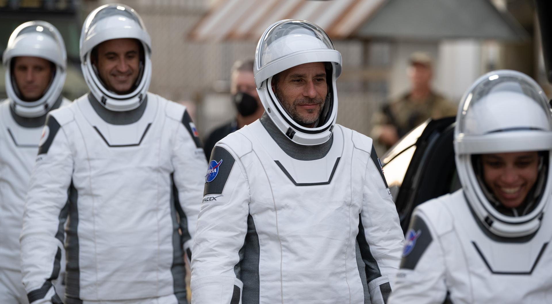 NASA astronauts Jessica Watkins, Luke Delaney, Roscosmos cosmonaut Sergey Teteryatnikov, and CSA (Canadian Space Agency) astronaut Joshua Kutryk, wearing SpaceX spacesuits, are seen as they prepare to depart the Neil  A. Armstrong Operations and Checkout Building for Space Launch Complex 40 on Cape Canaveral Space Force Station during a dress rehearsal prior to the Crew-13 mission launch, Tuesday, Sept. 29, 2026, at NASA’s Kennedy Space Center in Florida. NASA’s SpaceX Crew-13 mission is the 13th crew rotation mission of the SpaceX Dragon spacecraft and Falcon 9 rocket to the International Space Station as part of the agency’s Commercial Crew Program. Watkins, Delaney, Kutryk, Teteryatnikov are scheduled to launch at 11:10 a.m. EDT on Thursday, Oct. 1, from Space Launch Complex 40 at the Cape Canaveral Space Force Station. Photo Credit: (NASA/Joel Kowsky)