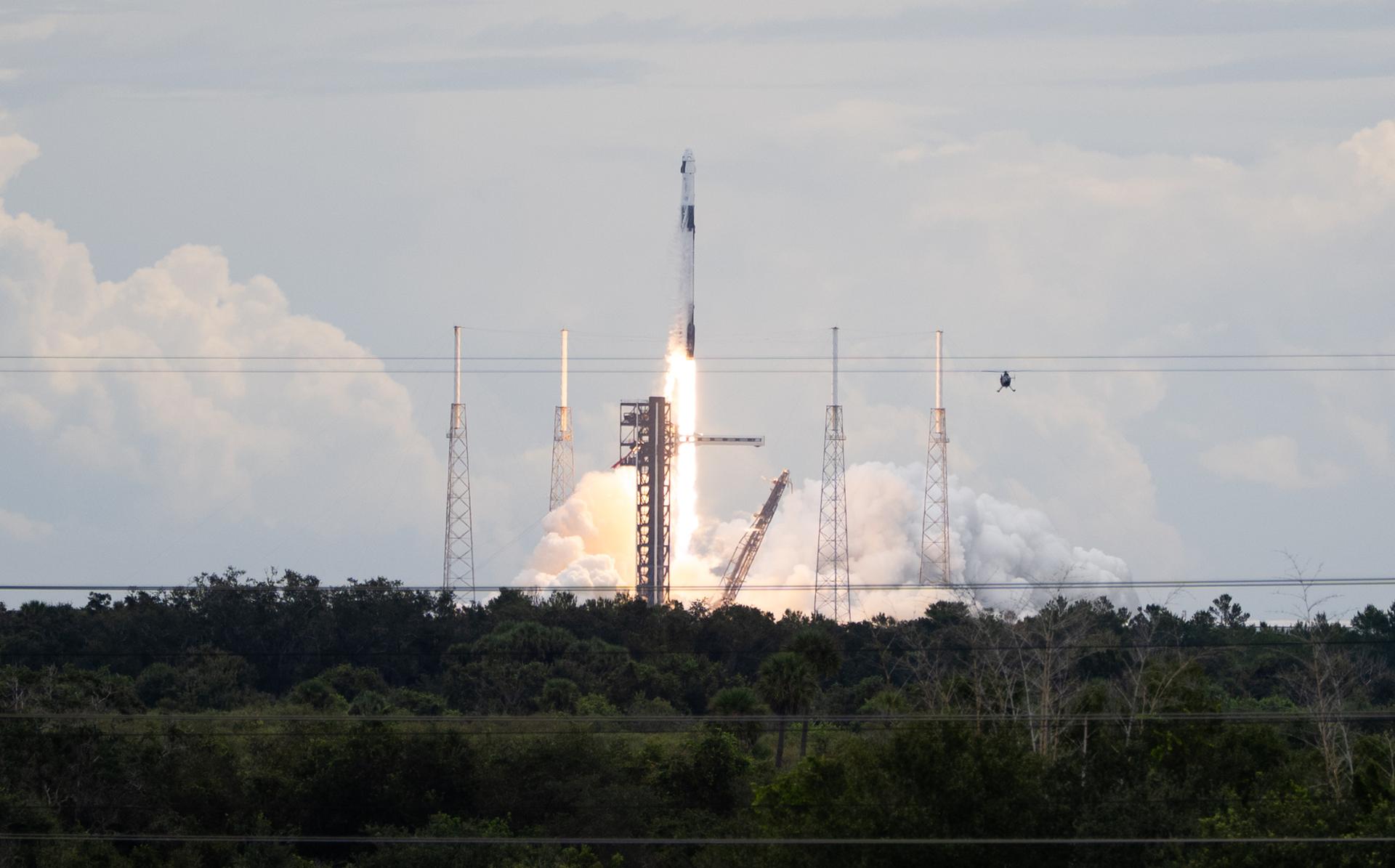 A SpaceX Falcon 9 rocket carrying the company's Dragon spacecraft is launched on NASA’s SpaceX Crew-13 mission to the International Space Station with NASA astronauts Jessica Watkins and Luke Delaney, CSA (Canadian Space Agency) astronaut Joshua Kutryk, and Roscosmos cosmonaut Sergey Teteryatnikov onboard, Thursday, Oct. 1, 2026, from Cape Canaveral Space Force Station in Florida. NASA’s SpaceX Crew-13 mission is the 13th crew rotation mission of the SpaceX Dragon spacecraft and Falcon 9 rocket to the International Space Station as part of the agency’s Commercial Crew Program. Watkins, Delaney, Kutryk, Teteryatnikov launched at 11:10 a.m. EDT from Space Launch Complex 40 at the Cape Canaveral Space Force Station to begin a mission aboard the orbital outpost. Photo Credit: (NASA/Joel Kowsky)