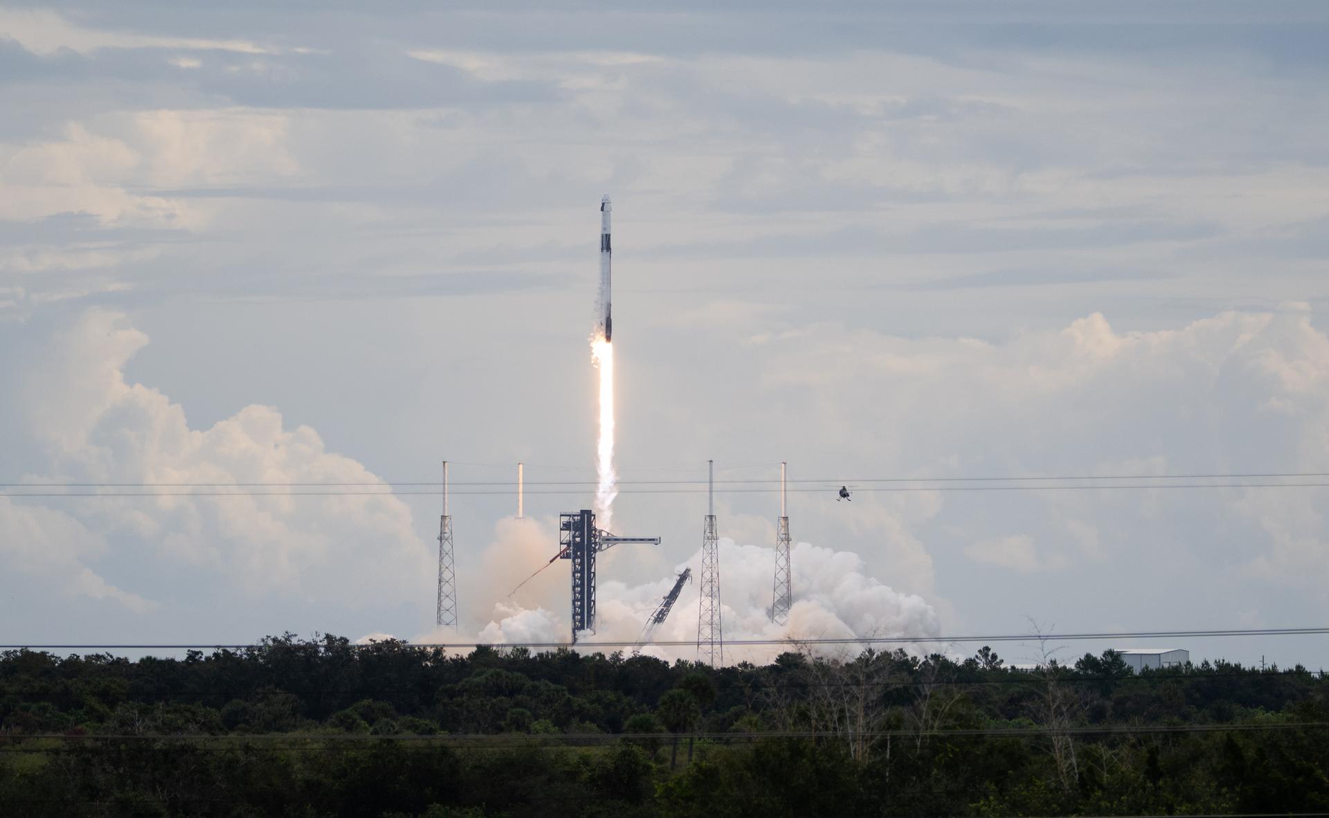 A SpaceX Falcon 9 rocket carrying the company's Dragon spacecraft is launched on NASA’s SpaceX Crew-13 mission to the International Space Station with NASA astronauts Jessica Watkins and Luke Delaney, CSA (Canadian Space Agency) astronaut Joshua Kutryk, and Roscosmos cosmonaut Sergey Teteryatnikov onboard, Thursday, Oct. 1, 2026, from Cape Canaveral Space Force Station in Florida. NASA’s SpaceX Crew-13 mission is the 13th crew rotation mission of the SpaceX Dragon spacecraft and Falcon 9 rocket to the International Space Station as part of the agency’s Commercial Crew Program. Watkins, Delaney, Kutryk, Teteryatnikov launched at 11:10 a.m. EDT from Space Launch Complex 40 at the Cape Canaveral Space Force Station to begin a mission aboard the orbital outpost. Photo Credit: (NASA/Joel Kowsky)