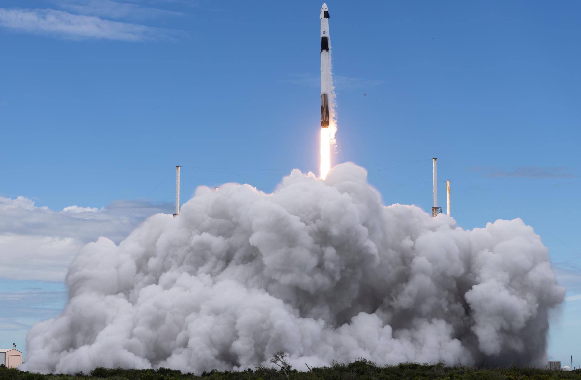 A SpaceX Falcon 9 rocket carrying the company's Dragon spacecraft is launched on NASA’s SpaceX Crew-13 mission to the International Space Station with NASA astronauts Jessica Watkins and Luke Delaney, CSA (Canadian Space Agency) astronaut Joshua Kutryk, and Roscosmos cosmonaut Sergey Teteryatnikov onboard, Thursday, Oct. 1, 2026, from Cape Canaveral Space Force Station in Florida. NASA’s SpaceX Crew-13 mission is the 13th crew rotation mission of the SpaceX Dragon spacecraft and Falcon 9 rocket to the International Space Station as part of the agency’s Commercial Crew Program. Watkins, Delaney, Kutryk, Teteryatnikov launched at 11:10 a.m. EDT from Space Launch Complex 40 at the Cape Canaveral Space Force Station to begin a mission aboard the orbital outpost. Photo Credit: (NASA/Joel Kowsky)