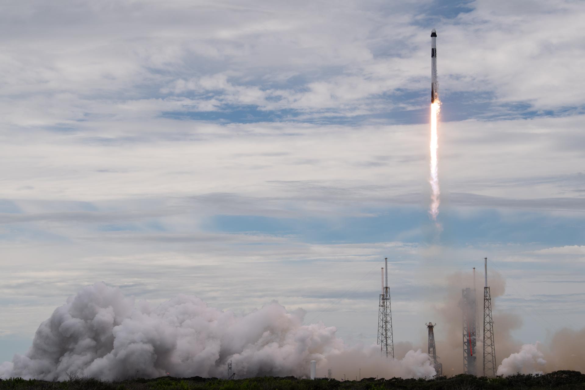 A SpaceX Falcon 9 rocket carrying the company's Dragon spacecraft is launched on NASA’s SpaceX Crew-13 mission to the International Space Station with NASA astronauts Jessica Watkins and Luke Delaney, CSA (Canadian Space Agency) astronaut Joshua Kutryk, and Roscosmos cosmonaut Sergey Teteryatnikov onboard, Thursday, Oct. 1, 2026, from Cape Canaveral Space Force Station in Florida. NASA’s SpaceX Crew-13 mission is the 13th crew rotation mission of the SpaceX Dragon spacecraft and Falcon 9 rocket to the International Space Station as part of the agency’s Commercial Crew Program. Watkins, Delaney, Kutryk, Teteryatnikov launched at 11:10 a.m. EDT from Space Launch Complex 40 at the Cape Canaveral Space Force Station to begin a mission aboard the orbital outpost. Photo Credit: (NASA/Joel Kowsky)