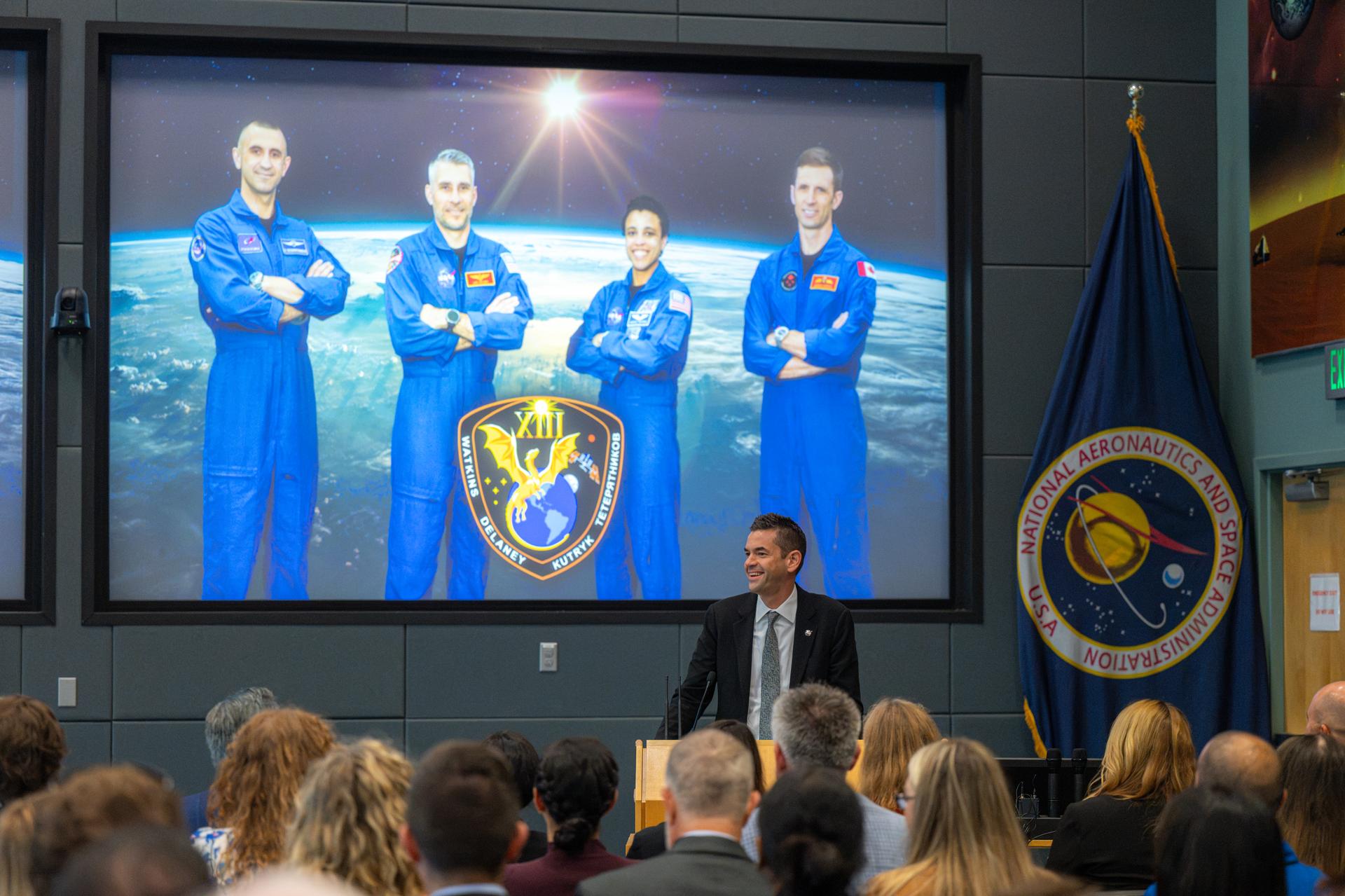 NASA Administrator Jared Isaacman gives remarks during a prelaunch briefing for NASA’s SpaceX Crew-13 mission, Thursday, Oct. 1, 2026, at the Operations Support Building II at NASA’s Kennedy Space Center in Florida. NASA’s SpaceX Crew-13 mission is the thirteenth crew rotation mission of the SpaceX Falcon 9 rocket and Dragon spacecraft to the International Space Station as part of the agency’s Commercial Crew Program. NASA astronauts Jessica Watkins and Luke Delaney, CSA (Canadian Space Agency) astronaut Joshua Kutryk, and Roscosmos cosmonaut Sergey Teteryatnikov will conduct scientific research, technology demonstrations, and maintenance during their long-duration stay aboard the orbital outpost. Photo Credit: (NASA/John Kraus)