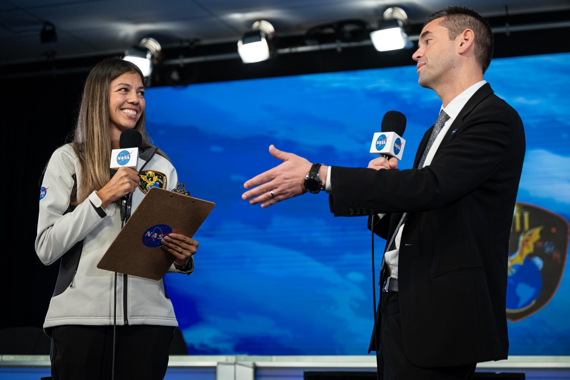 NASA Administrator Jared Isaacman, right, participates in a webcast appearance with Antonia Jaramillo, NASA communications, ahead of the launch of NASA’s SpaceX Crew-13 mission, Thursday, Oct. 1, 2026, at NASA’s Kennedy Space Center in Florida. NASA’s SpaceX Crew-13 mission is the thirteenth crew rotation mission of the SpaceX Falcon 9 rocket and Dragon spacecraft to the International Space Station as part of the agency’s Commercial Crew Program. NASA astronauts Jessica Watkins and Luke Delaney, CSA (Canadian Space Agency) astronaut Joshua Kutryk, and Roscosmos cosmonaut Sergey Teteryatnikov are scheduled to launch at 11:10 a.m. EDT on Thursday, Oct. 1, from Space Launch Complex 40 at Cape Canaveral Space Force Station in Florida. Photo Credit: (NASA/John Kraus)