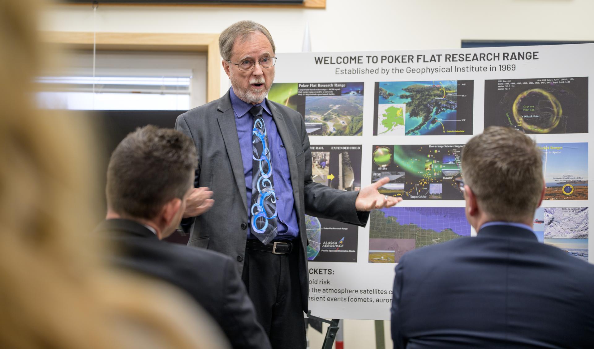 Robert McCoy, Director, Geophysical Institute, briefs NASA Administrator Jared Isaacman, and Rep. Nick Begich, R-Alaska, during a visit to Poker Flat Research Range, Monday, Oct. 5, 2026, in Fairbanks, Alaska. NASA’s visit to Alaska is part of the agency's Inspiration Tour, aimed at strengthening connections between NASA and its partners and showcasing innovation in air and space in the lead up to the MAX POWER aerospace technology expo and airshow at the agency's Kennedy Space Center in early November. Photo Credit: (NASA/Bill Ingalls)