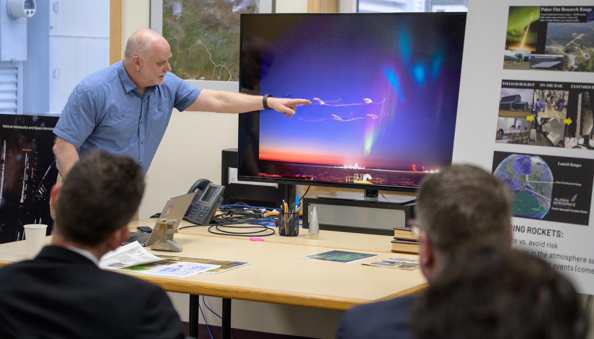 Mark Conde, Professor, Space Physics, University of Alaska Fairbanks (UAF), briefs NASA Administrator Jared Isaacman, and Rep. Nick Begich, R-Alaska, during a visit to Poker Flat Research Range, Monday, Oct. 5, 2026, in Fairbanks, Alaska. NASA’s visit to Alaska is part of the agency's Inspiration Tour, aimed at strengthening connections between NASA and its partners and showcasing innovation in air and space in the lead up to the MAX POWER aerospace technology expo and airshow at the agency's Kennedy Space Center in early November. Photo Credit: (NASA/Bill Ingalls)