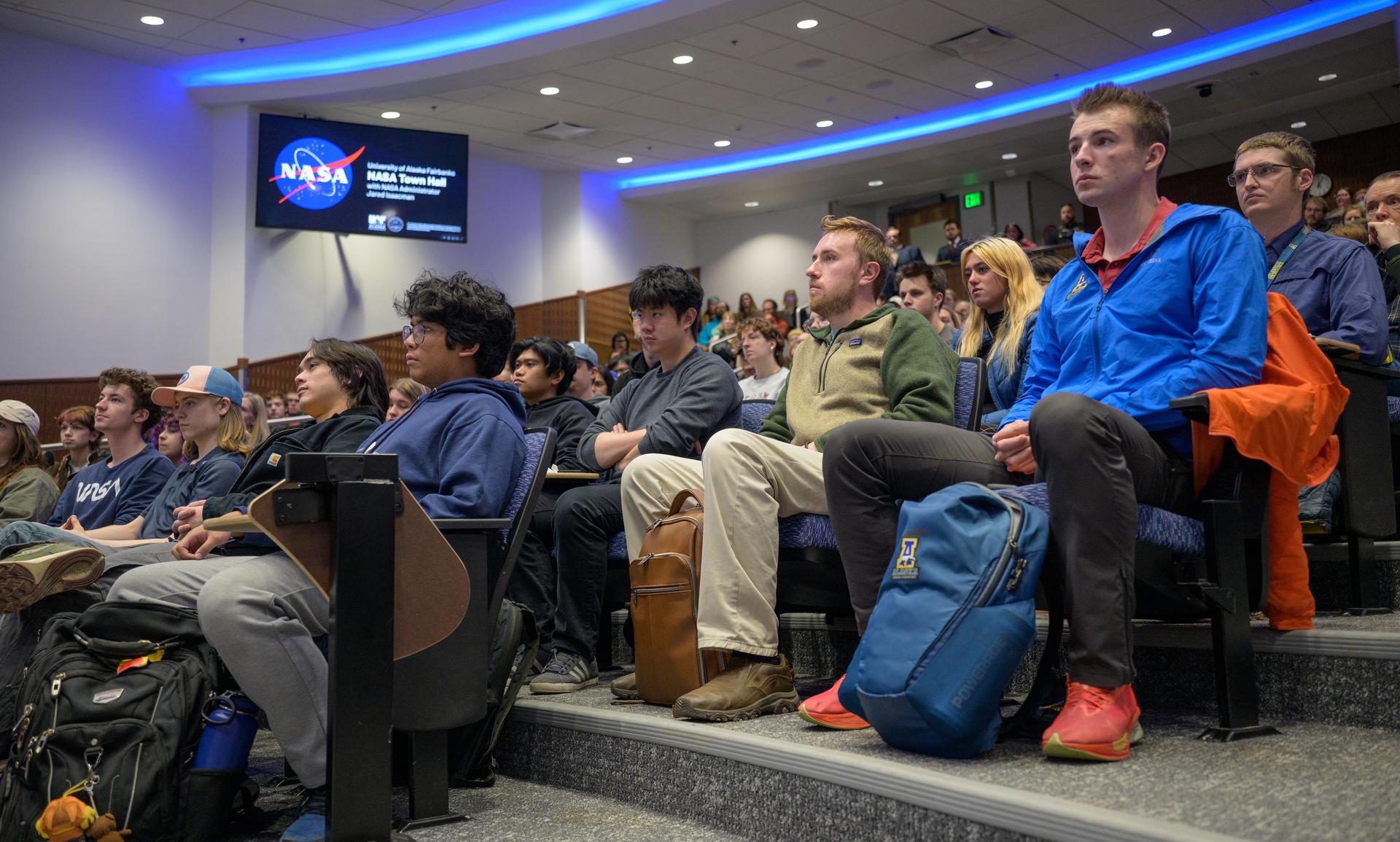 Students attend a NASA Town Hall with NASA Administrator Jared Isaacman, Monday, Oct. 5, 2026, at the University of Alaska Fairbanks, in Fairbanks, Alaska. NASA’s visit to Alaska is part of the agency's Inspiration Tour, aimed at strengthening connections between NASA and its partners and showcasing innovation in air and space in the lead up to the MAX POWER aerospace technology expo and airshow at the agency's Kennedy Space Center in early November. Photo Credit: (NASA/Bill Ingalls)