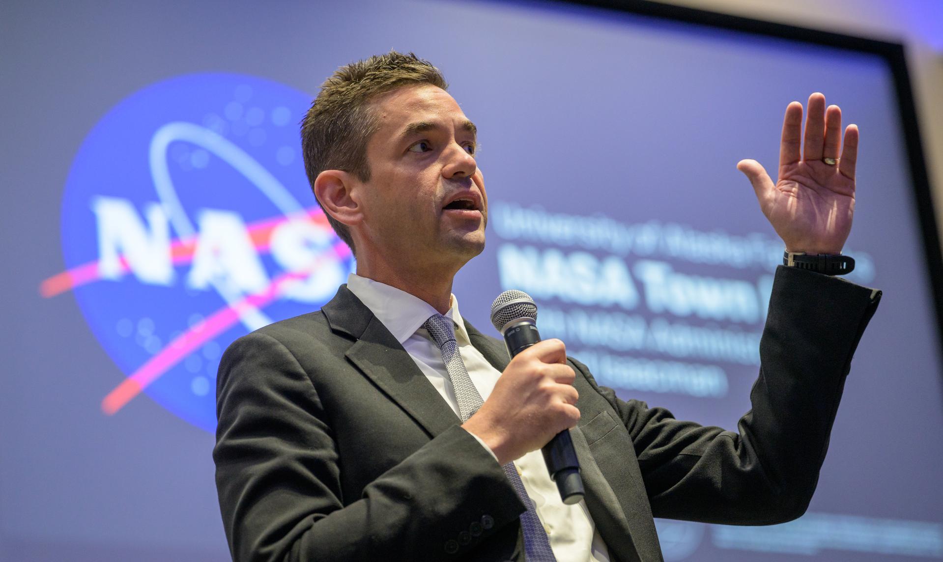 NASA Administrator Jared Isaacman talks with students during a NASA Town Hall, Monday, Oct. 5, 2026, at the University of Alaska Fairbanks, in Fairbanks, Alaska. NASA’s visit to Alaska is part of the agency's Inspiration Tour, aimed at strengthening connections between NASA and its partners and showcasing innovation in air and space in the lead up to the MAX POWER aerospace technology expo and airshow at the agency's Kennedy Space Center in early November. Photo Credit: (NASA/Bill Ingalls)