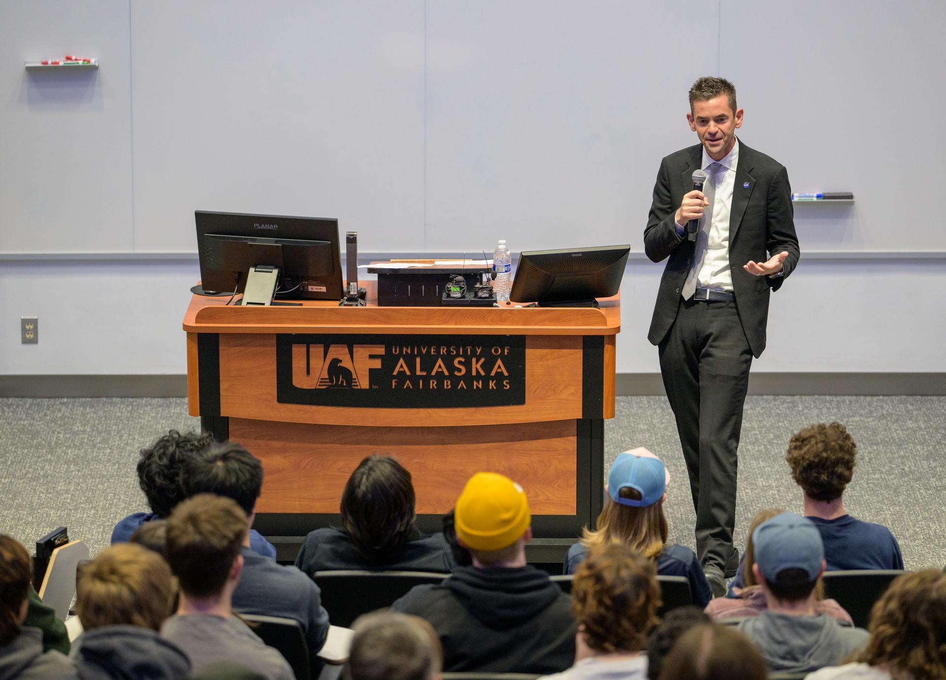 NASA Administrator Jared Isaacman talks with students during a NASA Town Hall, Monday, Oct. 5, 2026, at the University of Alaska Fairbanks, in Fairbanks, Alaska. NASA’s visit to Alaska is part of the agency's Inspiration Tour, aimed at strengthening connections between NASA and its partners and showcasing innovation in air and space in the lead up to the MAX POWER aerospace technology expo and airshow at the agency's Kennedy Space Center in early November. Photo Credit: (NASA/Bill Ingalls)