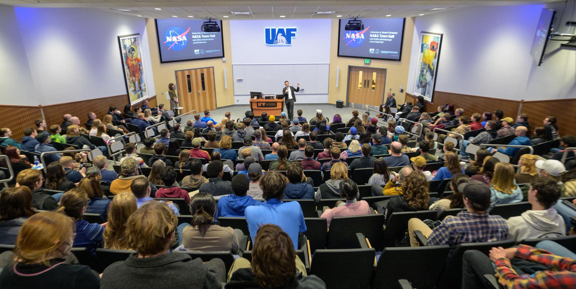 NASA Administrator Jared Isaacman talks with students during a NASA Town Hall, Monday, Oct. 5, 2026, at the University of Alaska Fairbanks, in Fairbanks, Alaska. NASA’s visit to Alaska is part of the agency's Inspiration Tour, aimed at strengthening connections between NASA and its partners and showcasing innovation in air and space in the lead up to the MAX POWER aerospace technology expo and airshow at the agency's Kennedy Space Center in early November. Photo Credit: (NASA/Bill Ingalls)