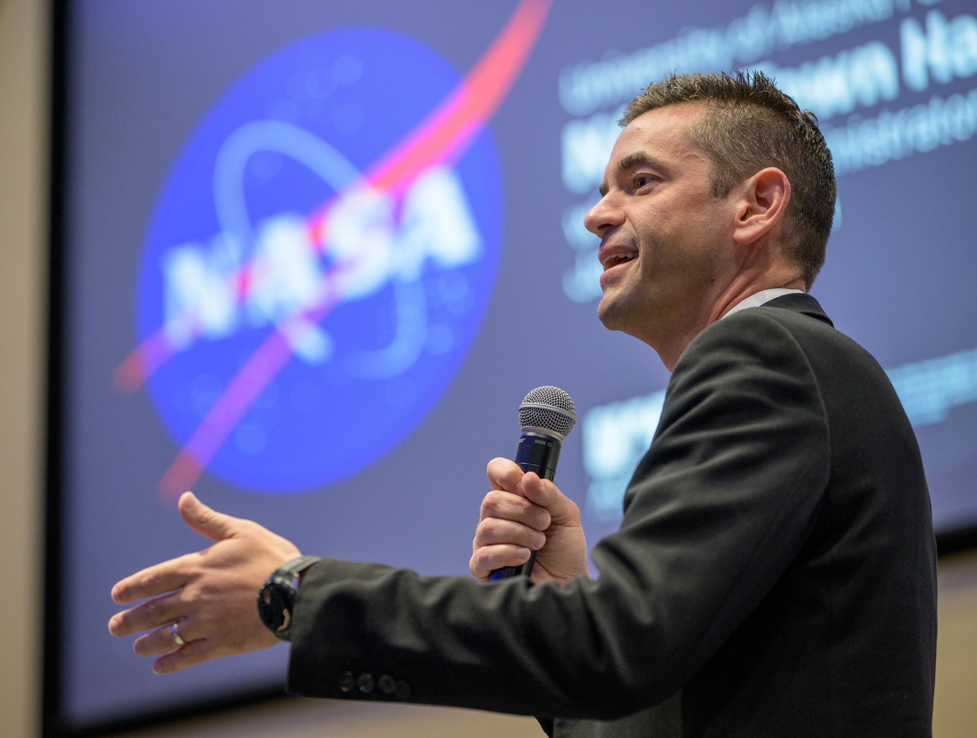 NASA Administrator Jared Isaacman talks with students during a NASA Town Hall, Monday, Oct. 5, 2026, at the University of Alaska Fairbanks, in Fairbanks, Alaska. NASA’s visit to Alaska is part of the agency's Inspiration Tour, aimed at strengthening connections between NASA and its partners and showcasing innovation in air and space in the lead up to the MAX POWER aerospace technology expo and airshow at the agency's Kennedy Space Center in early November. Photo Credit: (NASA/Bill Ingalls)