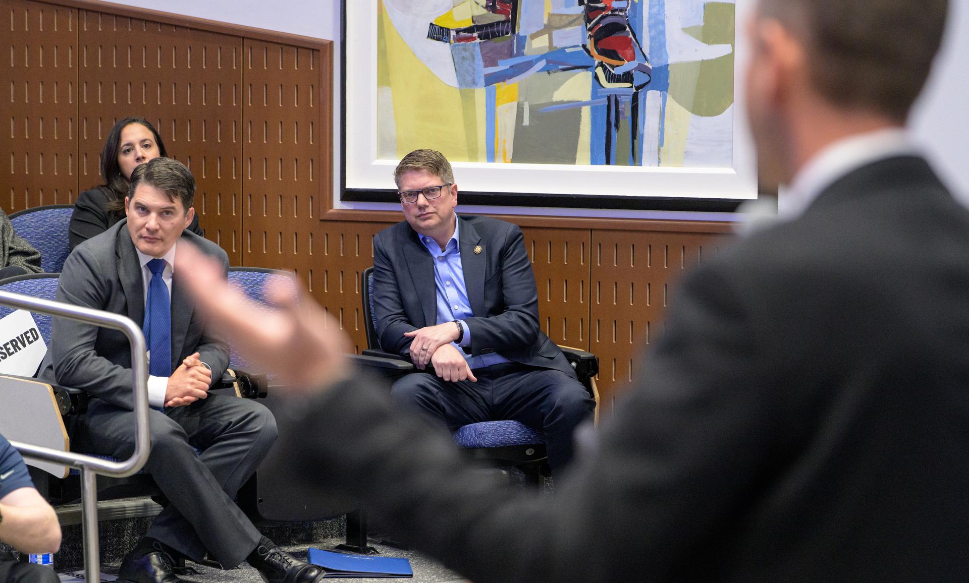 University of Alaska Fairbanks Chancellor Russ Vander Lugt, left, and Rep. Nick Begich, R-Alaska, listen as NASA Administrator Jared Isaacman talks with students during a NASA Town Hall, Monday, Oct. 5, 2026, at the University of Alaska Fairbanks, in Fairbanks, Alaska. NASA’s visit to Alaska is part of the agency's Inspiration Tour, aimed at strengthening connections between NASA and its partners and showcasing innovation in air and space in the lead up to the MAX POWER aerospace technology expo and airshow at the agency's Kennedy Space Center in early November. Photo Credit: (NASA/Bill Ingalls)
