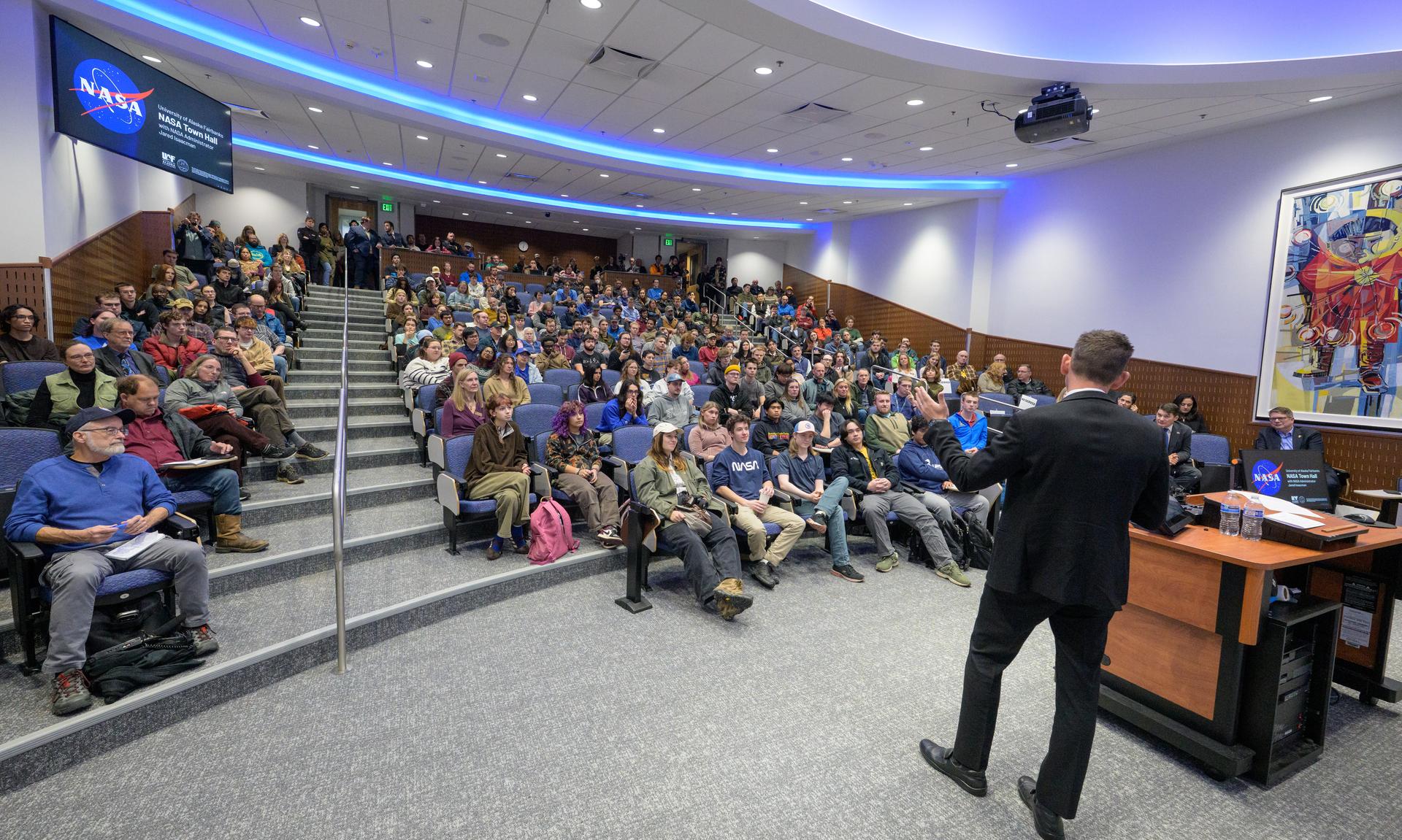 NASA Administrator Jared Isaacman talks with students during a NASA Town Hall, Monday, Oct. 5, 2026, at the University of Alaska Fairbanks, in Fairbanks, Alaska. NASA’s visit to Alaska is part of the agency's Inspiration Tour, aimed at strengthening connections between NASA and its partners and showcasing innovation in air and space in the lead up to the MAX POWER aerospace technology expo and airshow at the agency's Kennedy Space Center in early November. Photo Credit: (NASA/Bill Ingalls)