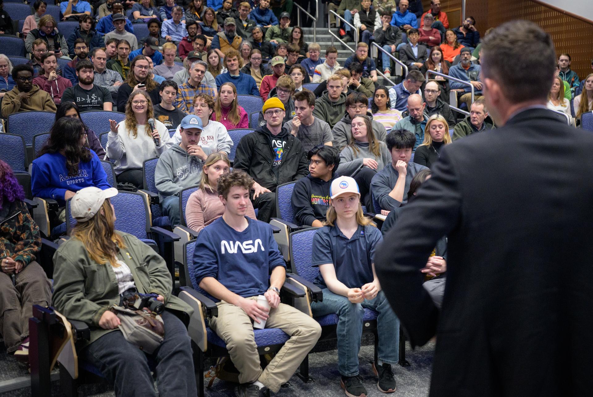 NASA Administrator Jared Isaacman talks student questions during a NASA Town Hall, Monday, Oct. 5, 2026, at the University of Alaska Fairbanks, in Fairbanks, Alaska. NASA’s visit to Alaska is part of the agency's Inspiration Tour, aimed at strengthening connections between NASA and its partners and showcasing innovation in air and space in the lead up to the MAX POWER aerospace technology expo and airshow at the agency's Kennedy Space Center in early November. Photo Credit: (NASA/Bill Ingalls)