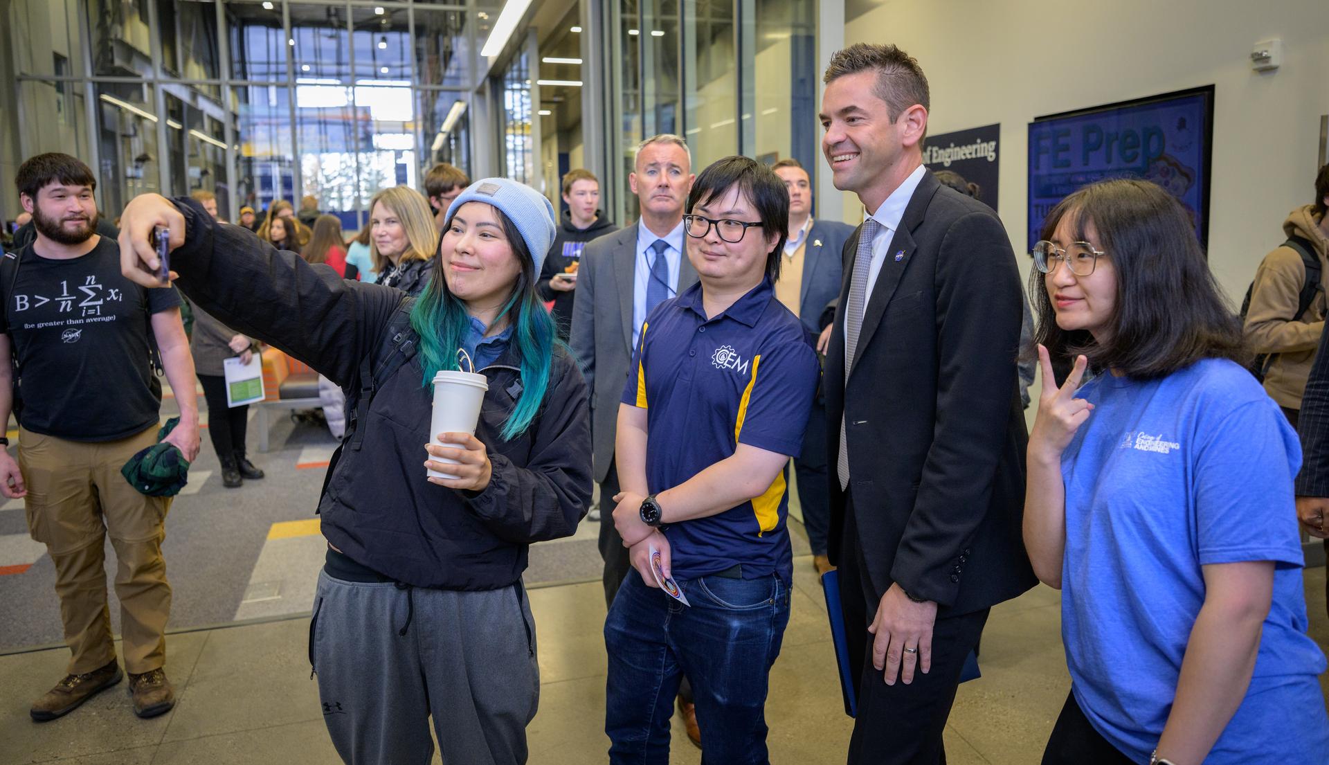 NASA Administrator Jared Isaacman takes a selfie with students during a NASA Town Hall, Monday, Oct. 5, 2026, at the University of Alaska Fairbanks, in Fairbanks, Alaska. NASA’s visit to Alaska is part of the agency's Inspiration Tour, aimed at strengthening connections between NASA and its partners and showcasing innovation in air and space in the lead up to the MAX POWER aerospace technology expo and airshow at the agency's Kennedy Space Center in early November. Photo Credit: (NASA/Bill Ingalls)