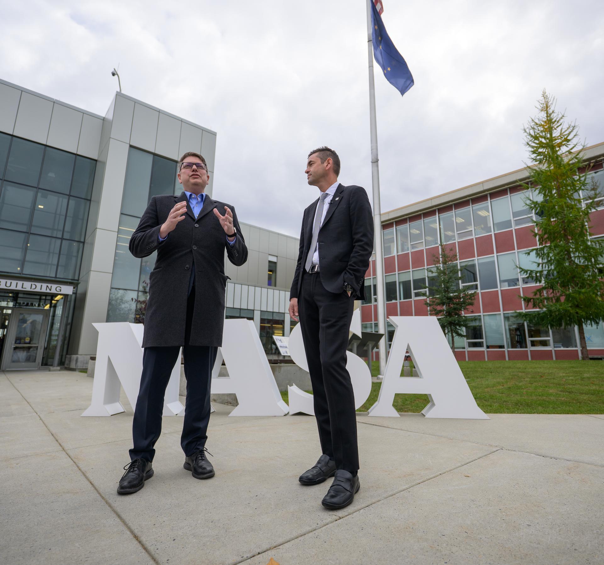 Rep. Nick Begich, R-Alaska, left, and NASA Administrator Jared Isaacman, meet with media at the conclusion of a NASA Town Hall, Monday, Oct. 5, 2026, at the University of Alaska Fairbanks, in Fairbanks, Alaska. NASA’s visit to Alaska is part of the agency's Inspiration Tour, aimed at strengthening connections between NASA and its partners and showcasing innovation in air and space in the lead up to the MAX POWER aerospace technology expo and airshow at the agency's Kennedy Space Center in early November. Photo Credit: (NASA/Bill Ingalls)