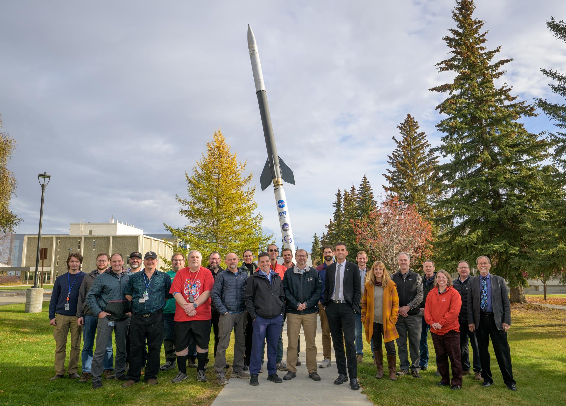 NASA Administrator Jared Isaacman poses for a group photograph with members of the Geophysical Institute, Monday, Oct. 5, 2026, at the University of Alaska Fairbanks, in Fairbanks, Alaska. NASA’s visit to Alaska is part of the agency's Inspiration Tour, aimed at strengthening connections between NASA and its partners and showcasing innovation in air and space in the lead up to the MAX POWER aerospace technology expo and airshow at the agency's Kennedy Space Center in early November. Photo Credit: (NASA/Bill Ingalls)