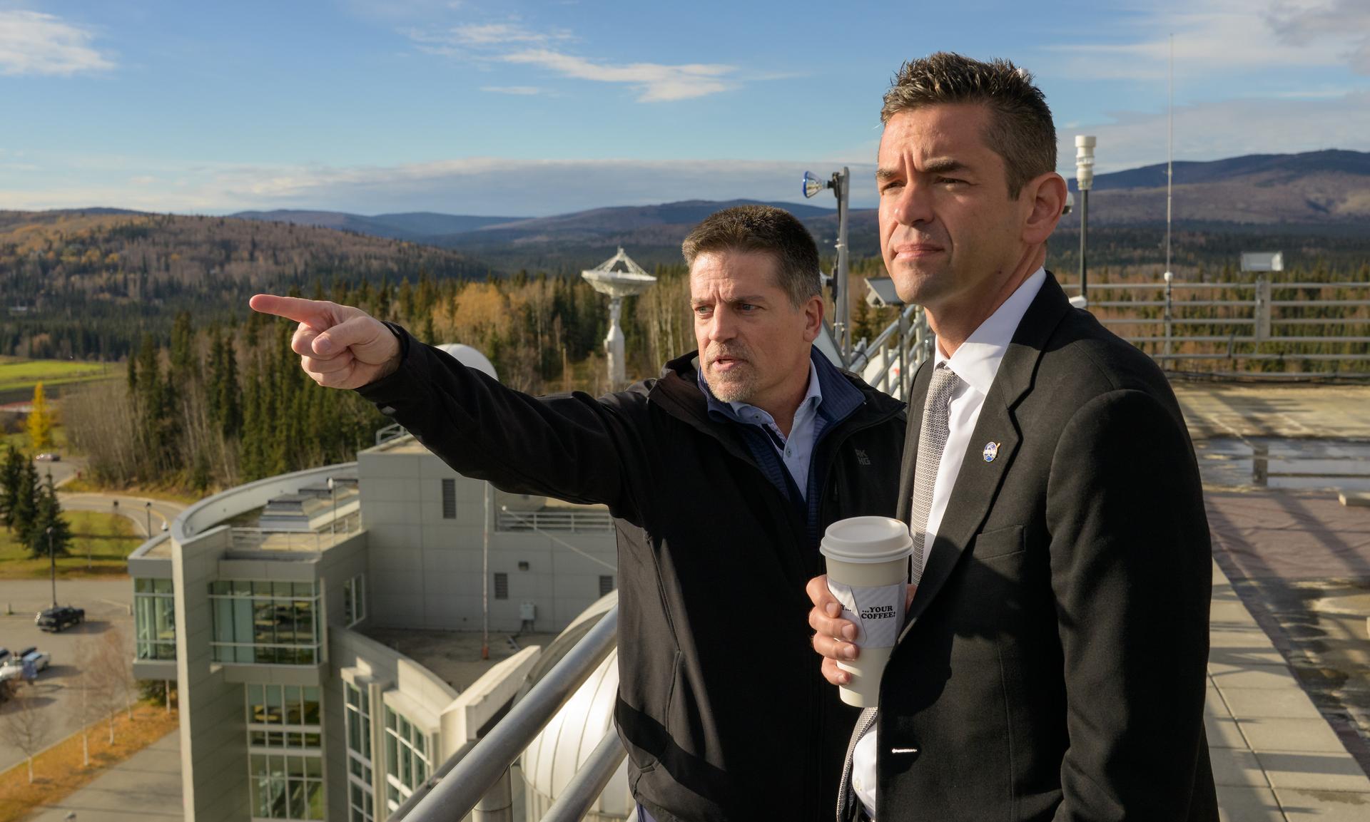 Wade Albright, Director, Alaska Satellite Facility, left, talks with NASA Administrator Jared Isaacman, Monday, Oct. 5, 2026, at the University of Alaska Fairbanks, in Fairbanks, Alaska. NASA’s visit to Alaska is part of the agency's Inspiration Tour, aimed at strengthening connections between NASA and its partners and showcasing innovation in air and space in the lead up to the MAX POWER aerospace technology expo and airshow at the agency's Kennedy Space Center in early November. Photo Credit: (NASA/Bill Ingalls)