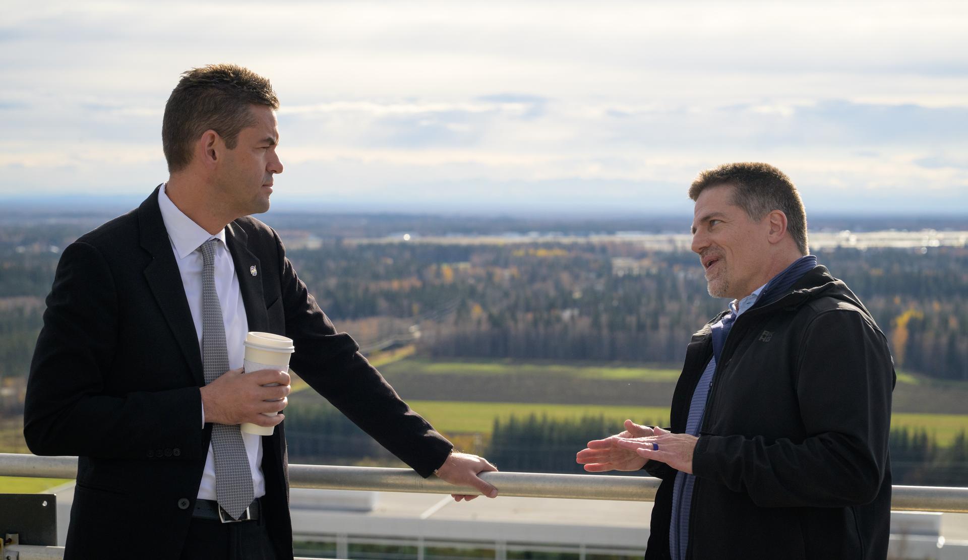 NASA Administrator Jared Isaacman, left, and Wade Albright, Director, Alaska Satellite Facility, talk, Monday, Oct. 5, 2026, at the University of Alaska Fairbanks, in Fairbanks, Alaska. NASA’s visit to Alaska is part of the agency's Inspiration Tour, aimed at strengthening connections between NASA and its partners and showcasing innovation in air and space in the lead up to the MAX POWER aerospace technology expo and airshow at the agency's Kennedy Space Center in early November. Photo Credit: (NASA/Bill Ingalls)