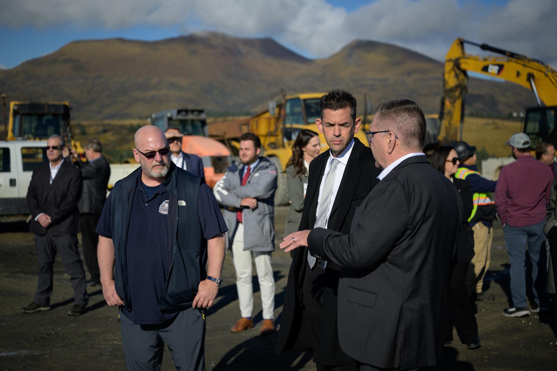 NASA Administrator Jared Isaacman, center, listens to John Oberst, Alaska Aerospace Corporation President & CEO, right, as Erik Straus, Alaska Aerospace Spaceport Manger, left, looks on during a visit to Pacific Spaceport Complex-Alaska, Tuesday, Oct. 6, 2026, in Kodiak, Alaska. NASA’s visit to Alaska is part of the agency's Inspiration Tour, aimed at strengthening connections between NASA and its partners and showcasing innovation in air and space in the lead up to the MAX POWER aerospace technology expo and airshow at the agency's Kennedy Space Center in early November. Photo Credit: (NASA/Bill Ingalls)