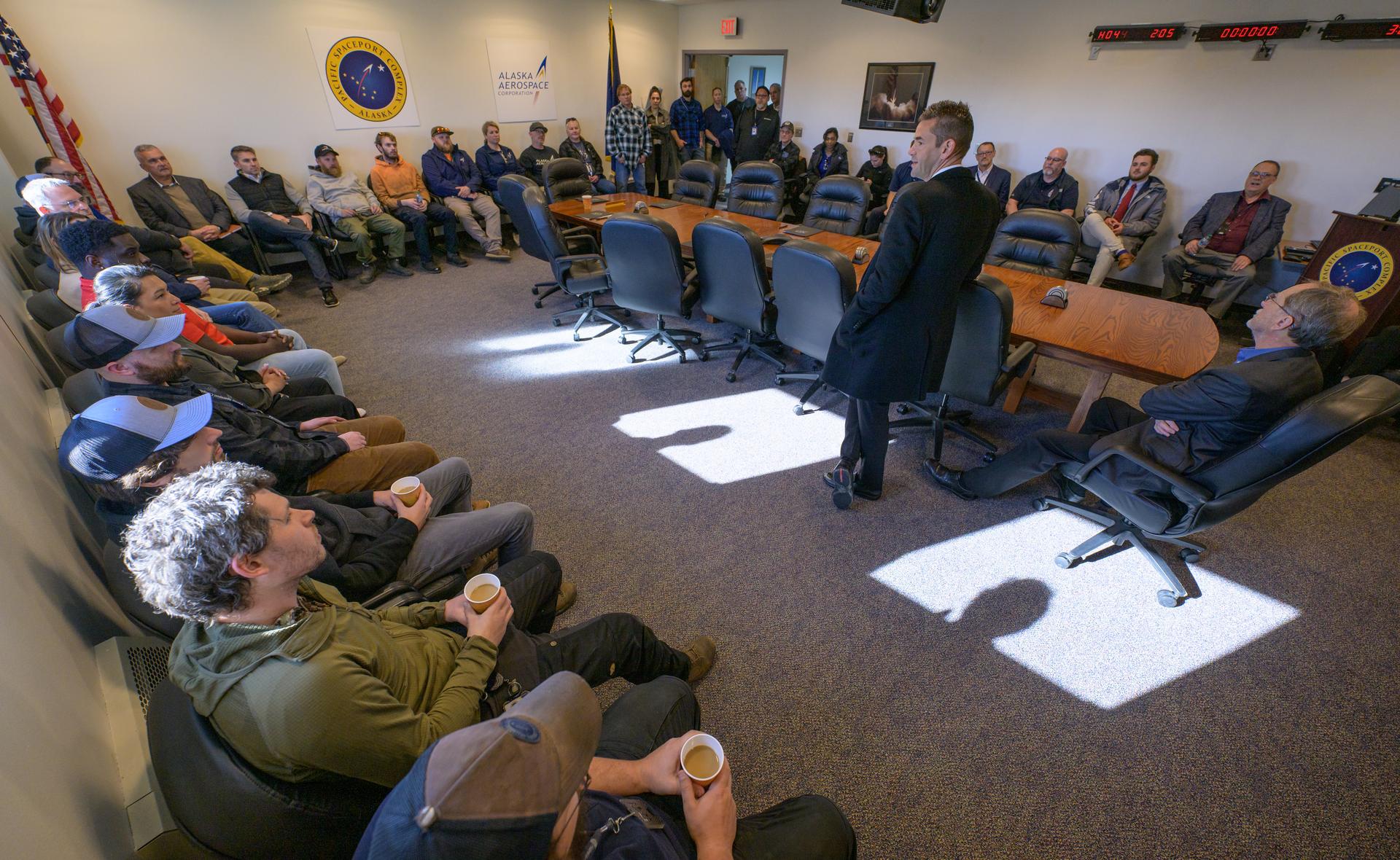 NASA Administrator Jared Isaacman, meets with Alaska Aerospace employees at the Pacific Spaceport Complex-Alaska, Tuesday, Oct. 6, 2026, in Kodiak, Alaska. NASA’s visit to Alaska is part of the agency's Inspiration Tour, aimed at strengthening connections between NASA and its partners and showcasing innovation in air and space in the lead up to the MAX POWER aerospace technology expo and airshow at the agency's Kennedy Space Center in early November. Photo Credit: (NASA/Bill Ingalls)