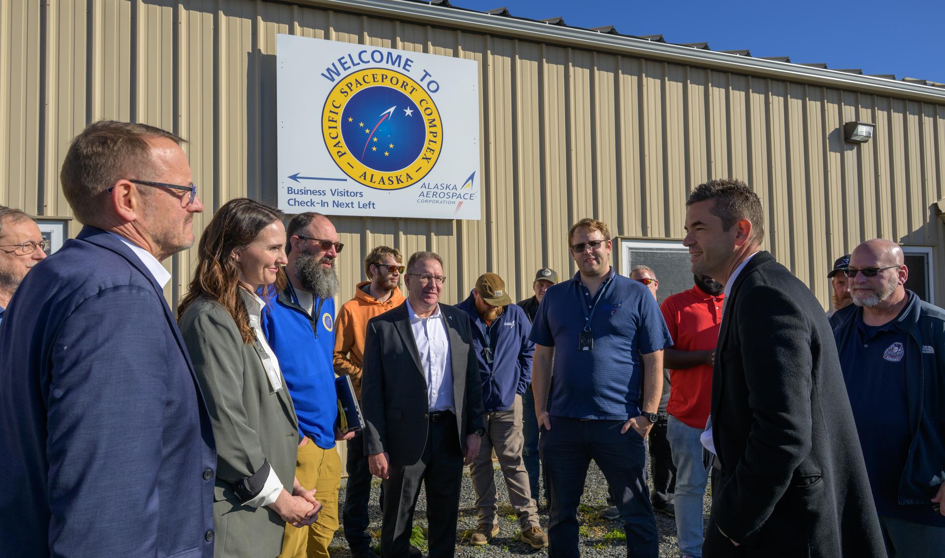 NASA Administrator Jared Isaacman, right, meets with John Oberst, Alaska Aerospace Corporation President & CEO, center, and Alaska Aerospace employees at the Pacific Spaceport Complex-Alaska, Tuesday, Oct. 6, 2026, in Kodiak, Alaska. NASA’s visit to Alaska is part of the agency's Inspiration Tour, aimed at strengthening connections between NASA and its partners and showcasing innovation in air and space in the lead up to the MAX POWER aerospace technology expo and airshow at the agency's Kennedy Space Center in early November. Photo Credit: (NASA/Bill Ingalls)